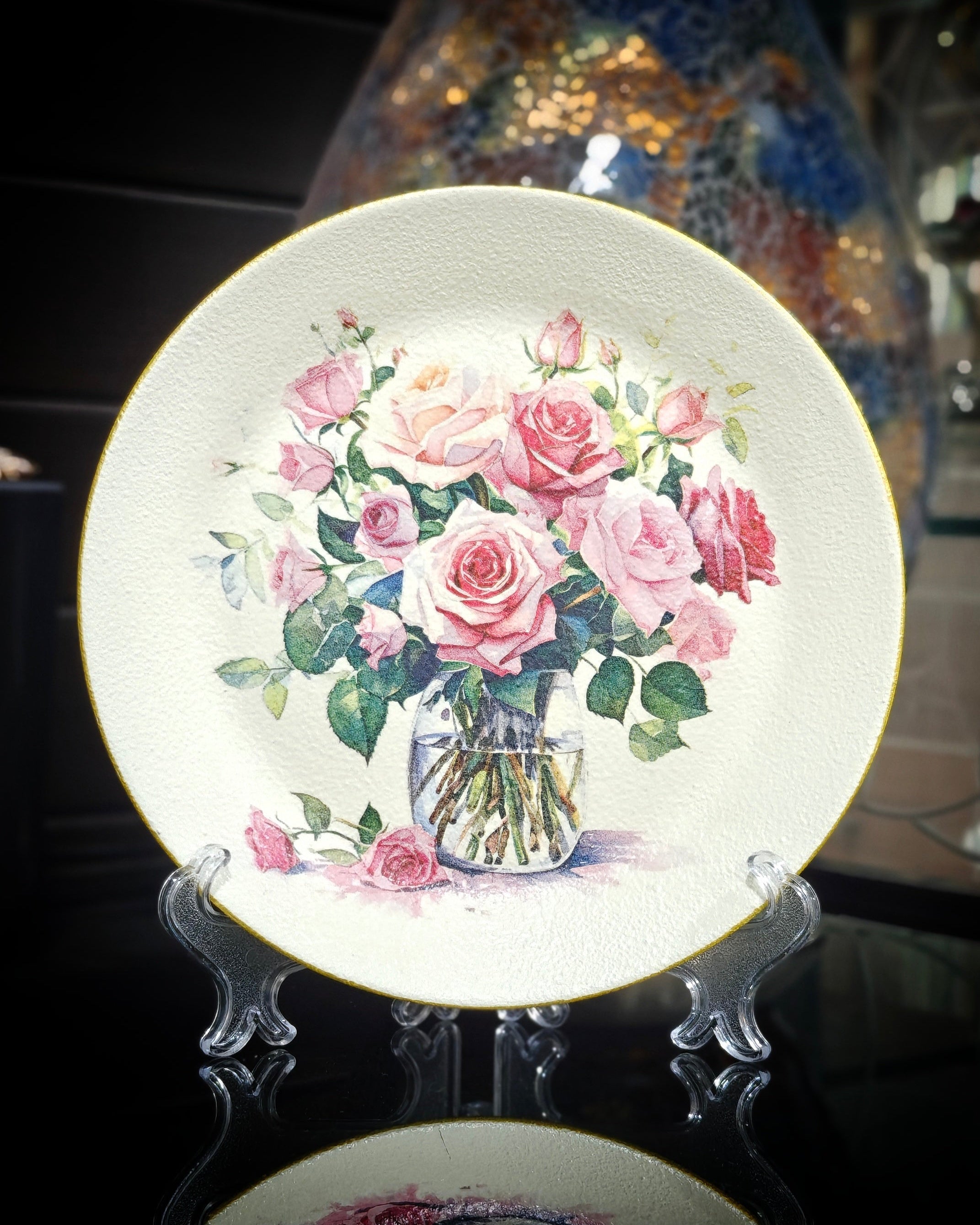Handcrafted Decoupaged Glass Decorative Plate – Blushing Rose Bouquet