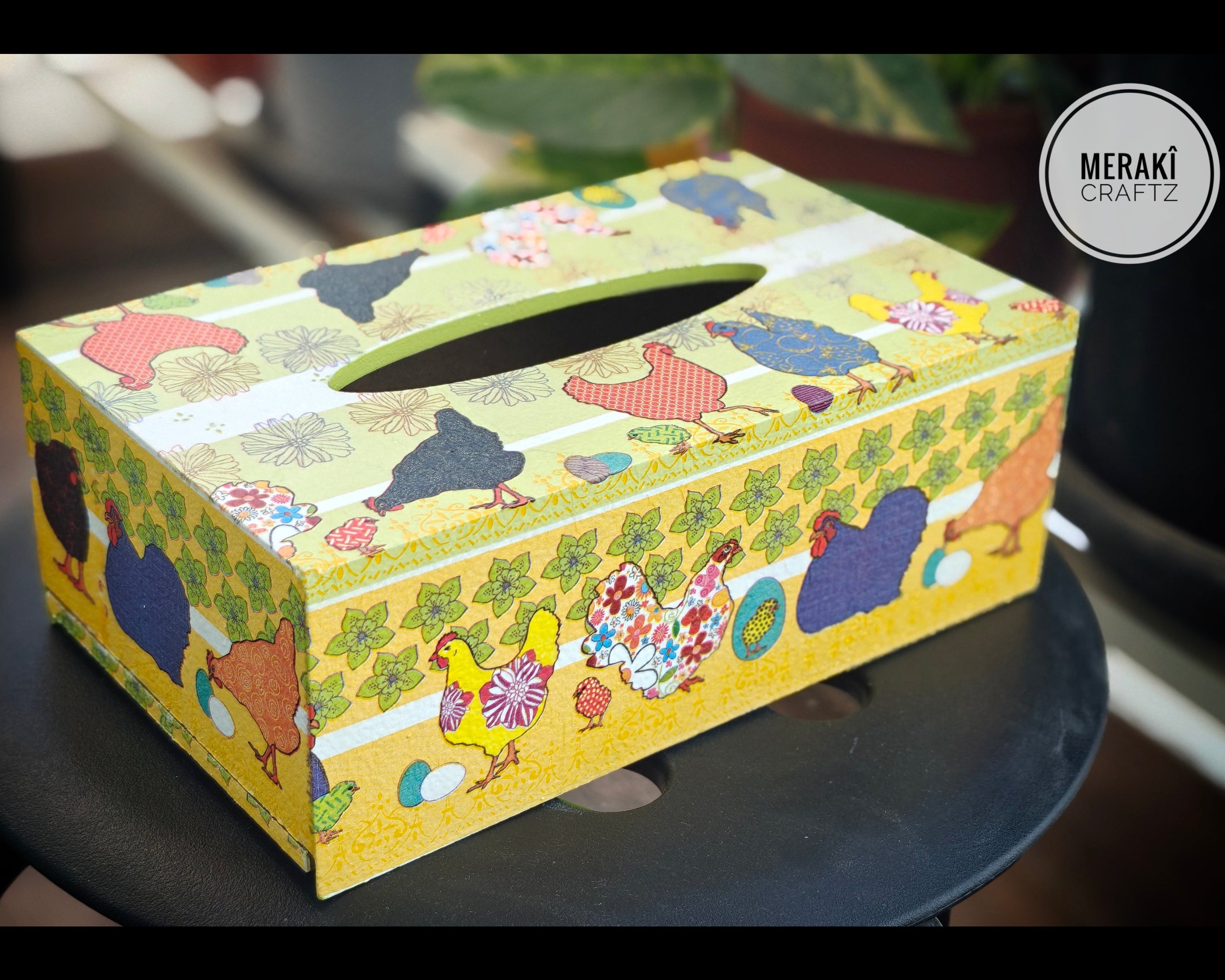Decoupaged MDF Tissue Box Holder – Farmhouse Chicken Garden