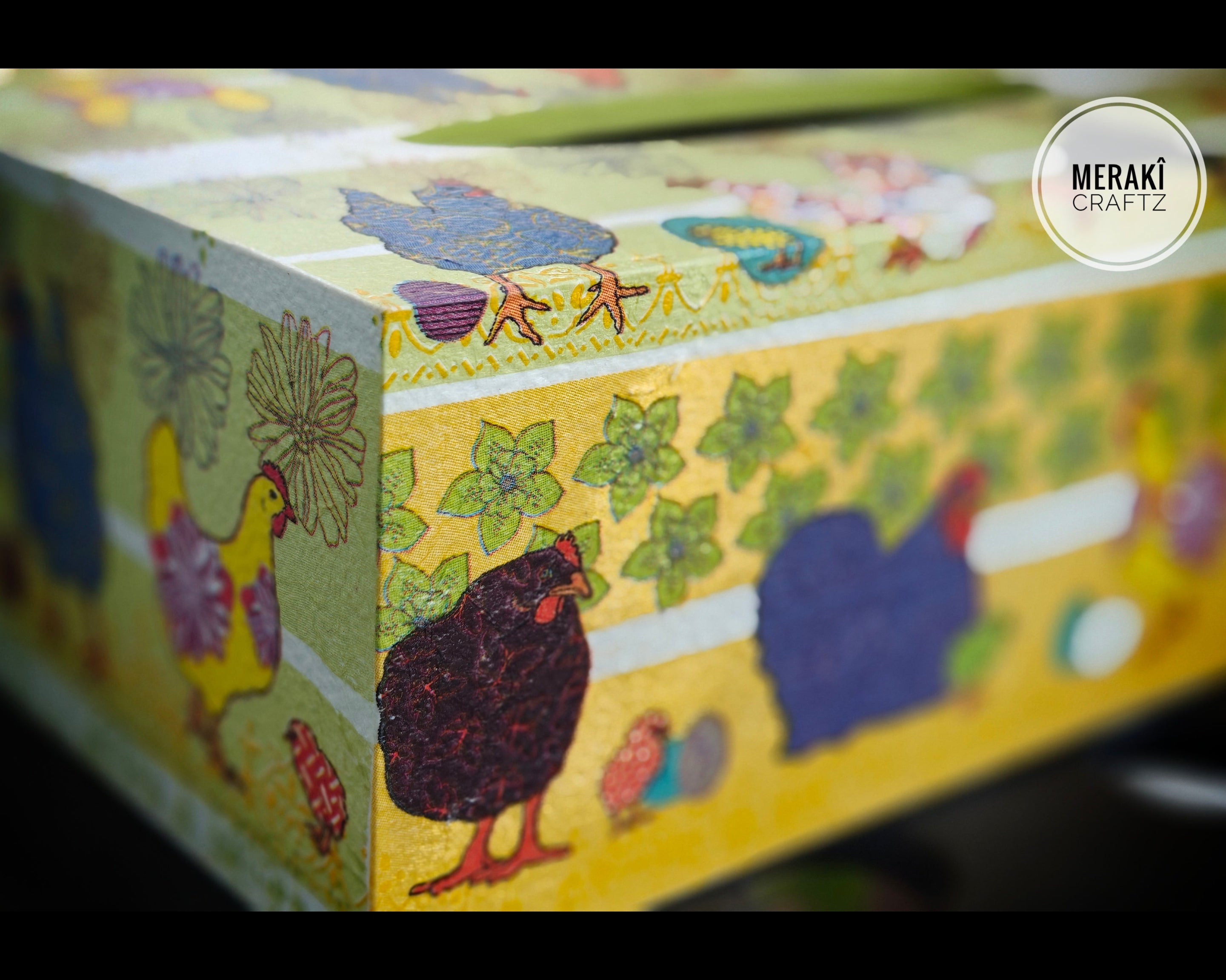 Decoupaged MDF Tissue Box Holder – Farmhouse Chicken Garden