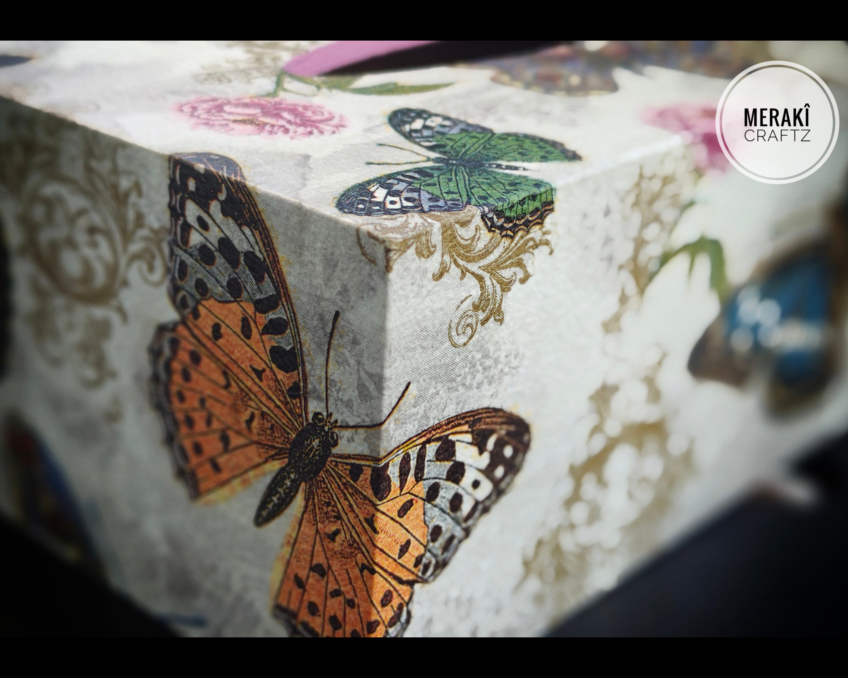 Handcrafted Decoupaged MDF Tissue Box Holder – Vintage Butterfly