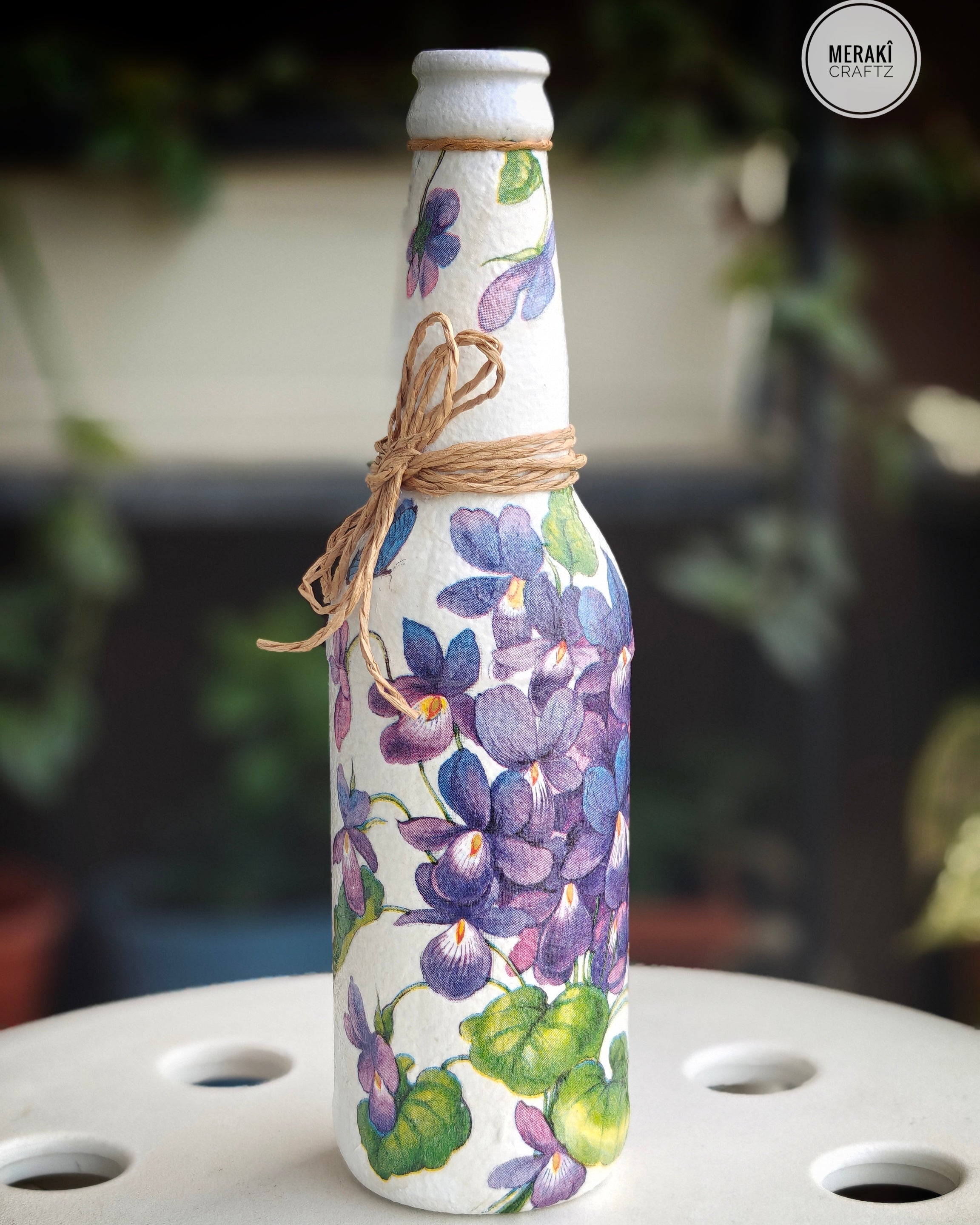 Upcycled Decorative Decoupaged Glass Bottle – Violet Blossom