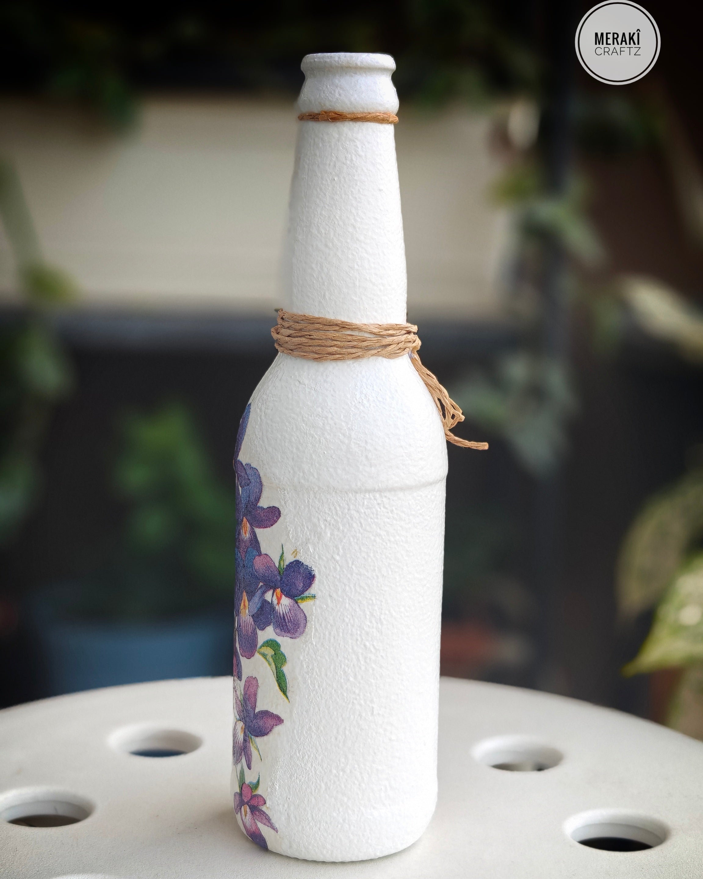 Upcycled Decorative Decoupaged Glass Bottle – Violet Blossom