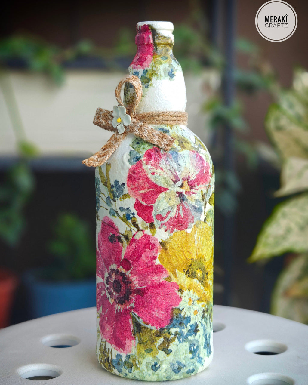 Upcycled Decorative Decoupaged Glass Bottle – Floral Bloom