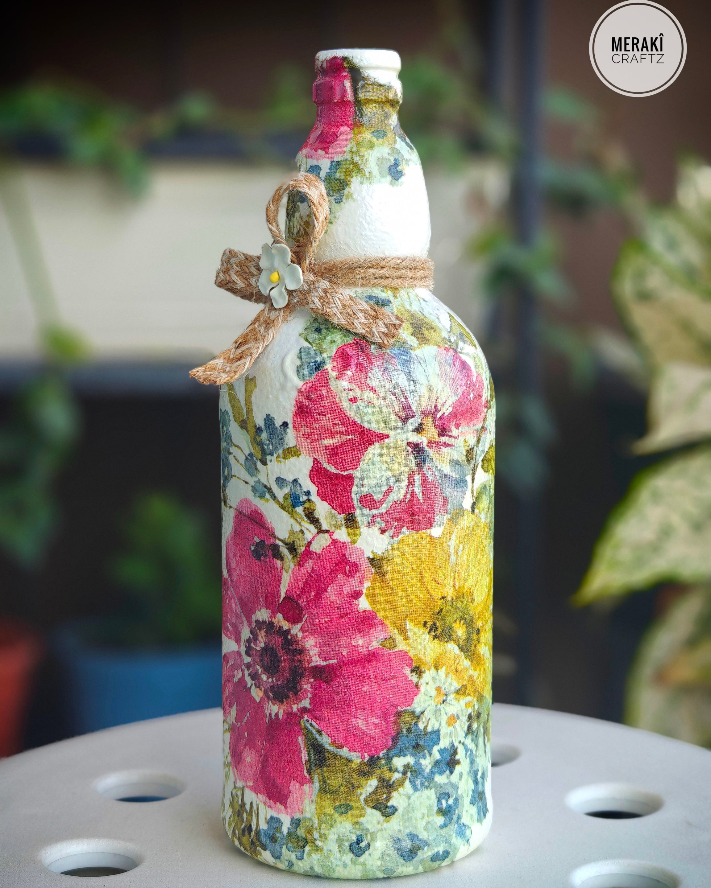 Upcycled Decorative Decoupaged Glass Bottle – Floral Bloom