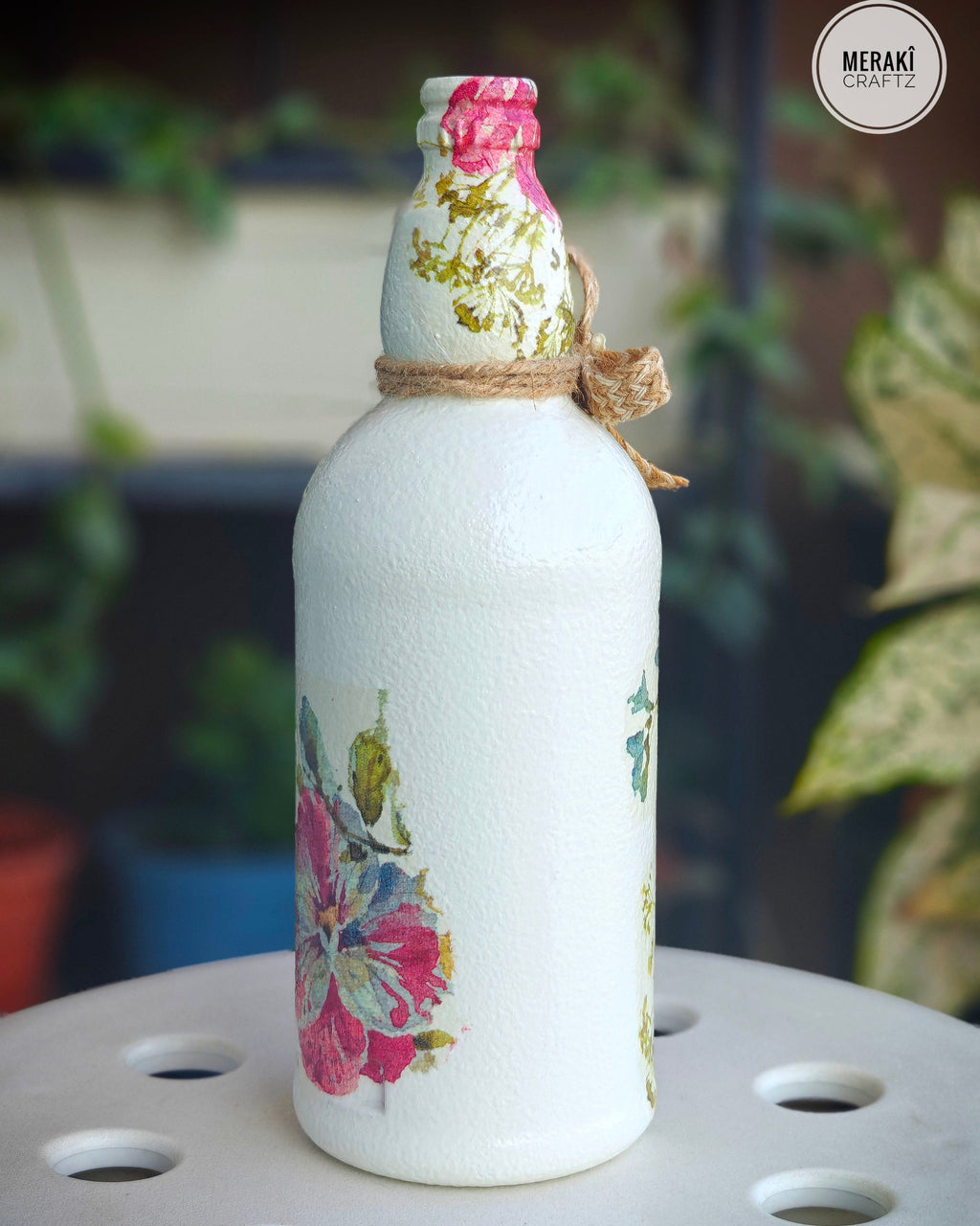 Upcycled Decorative Decoupaged Glass Bottle – Floral Bloom