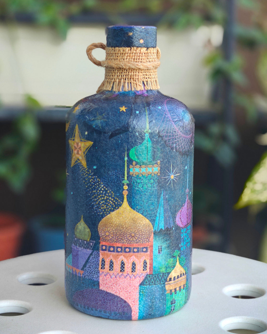 Handcrafted Upcycled Decoupaged Glass Bottle – Ramadan Nights