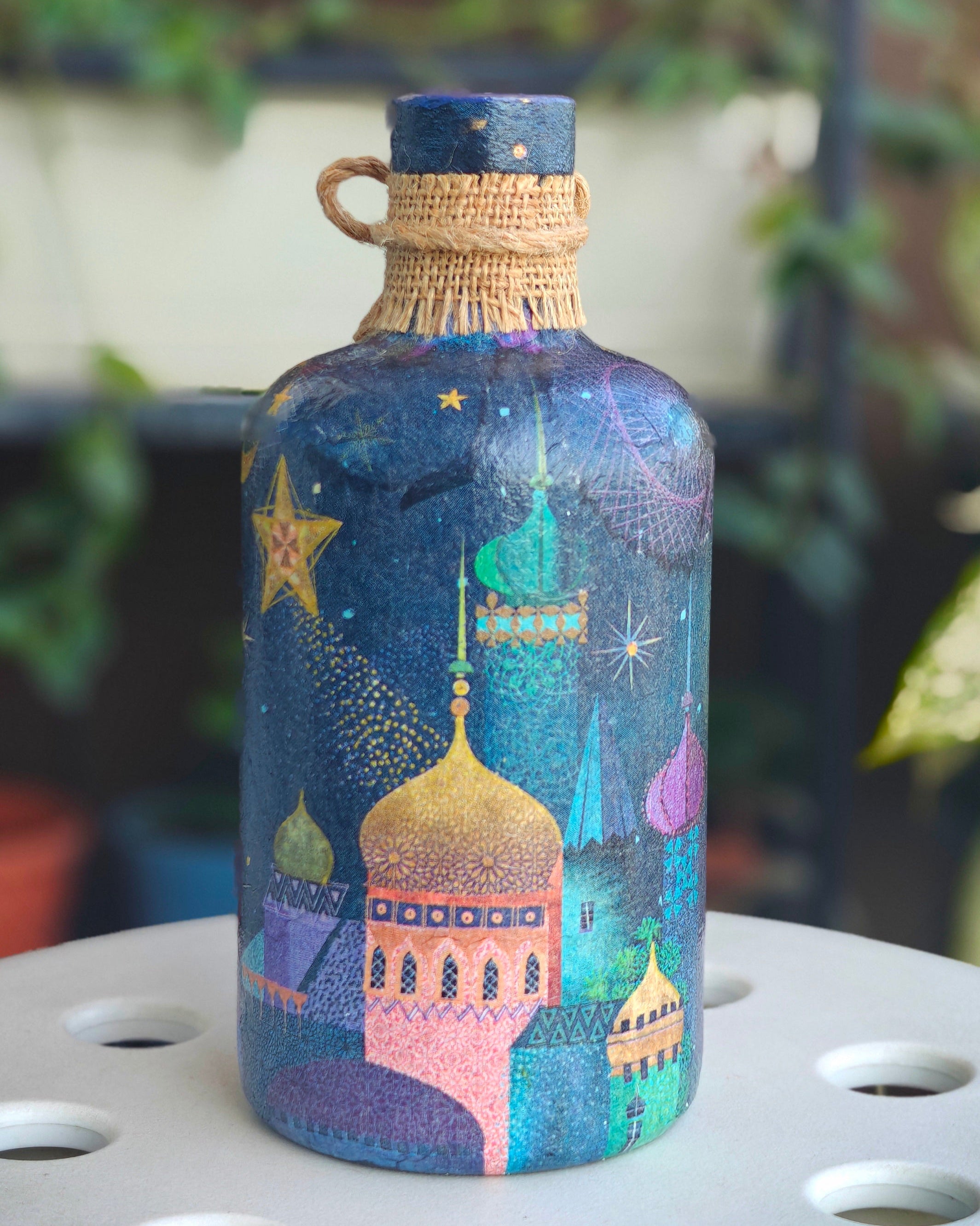 Handcrafted Upcycled Decoupaged Glass Bottle – Ramadan Nights