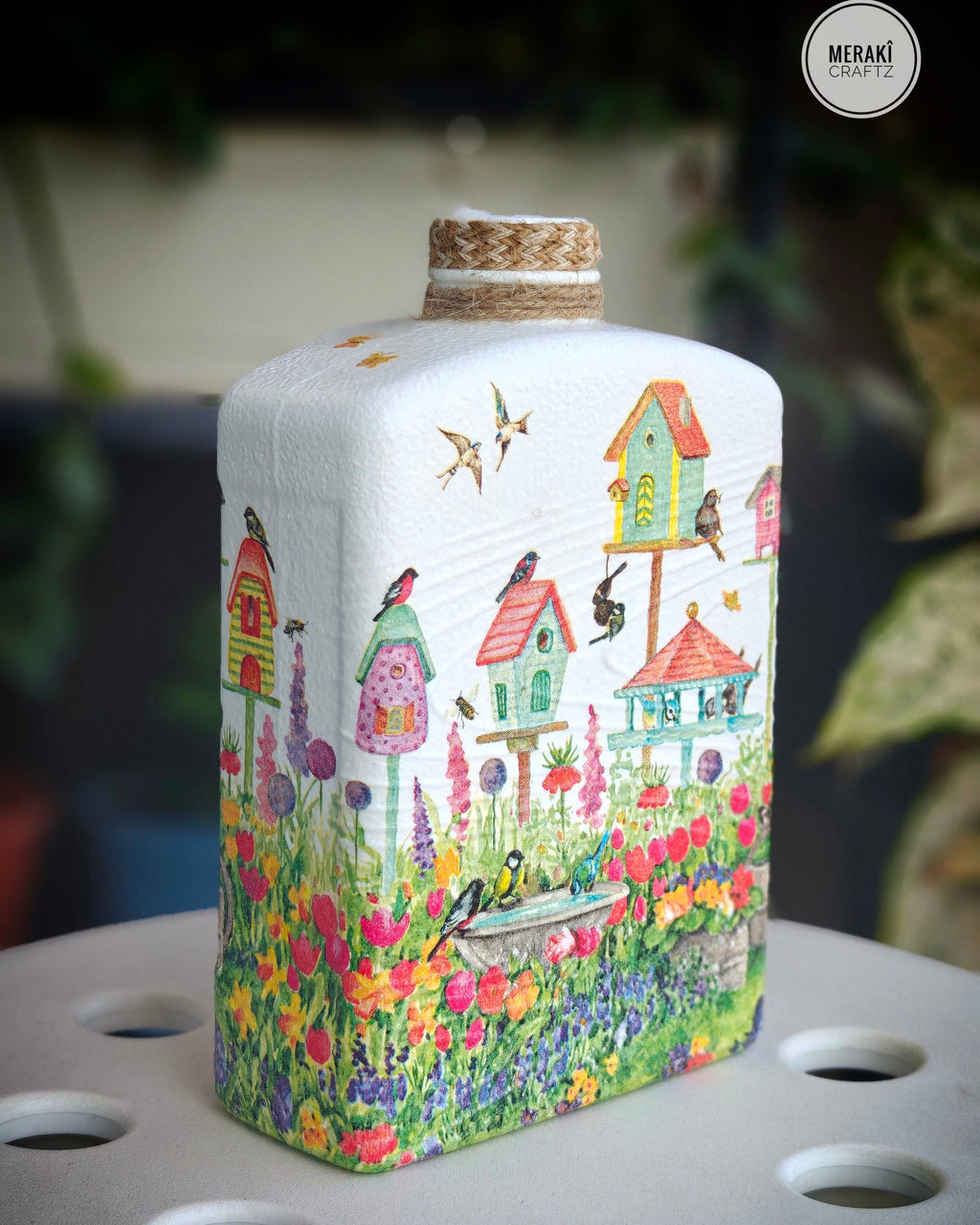 Upcycled Decorative Decoupaged Glass Bottle – Whimsical Bird Garden