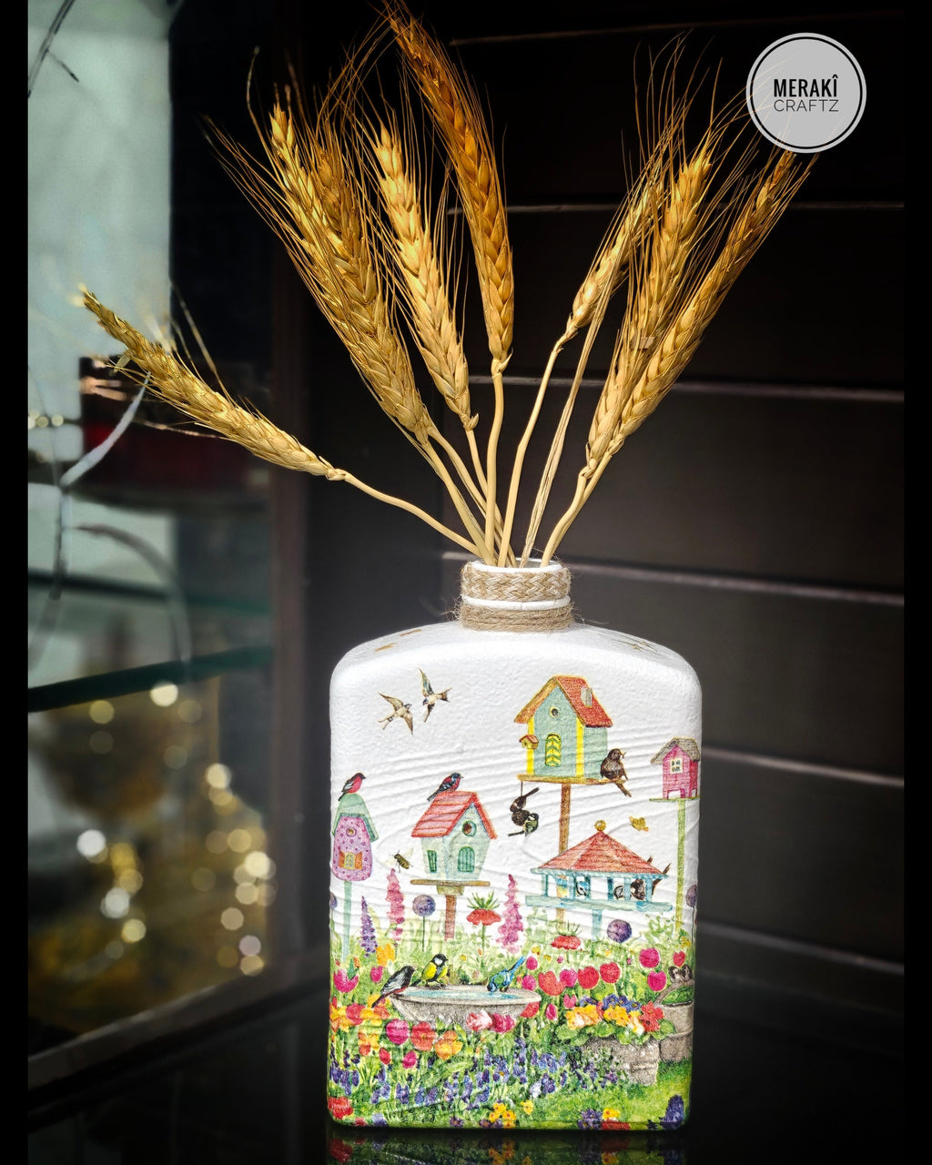 Upcycled Decorative Decoupaged Glass Bottle – Whimsical Bird Garden
