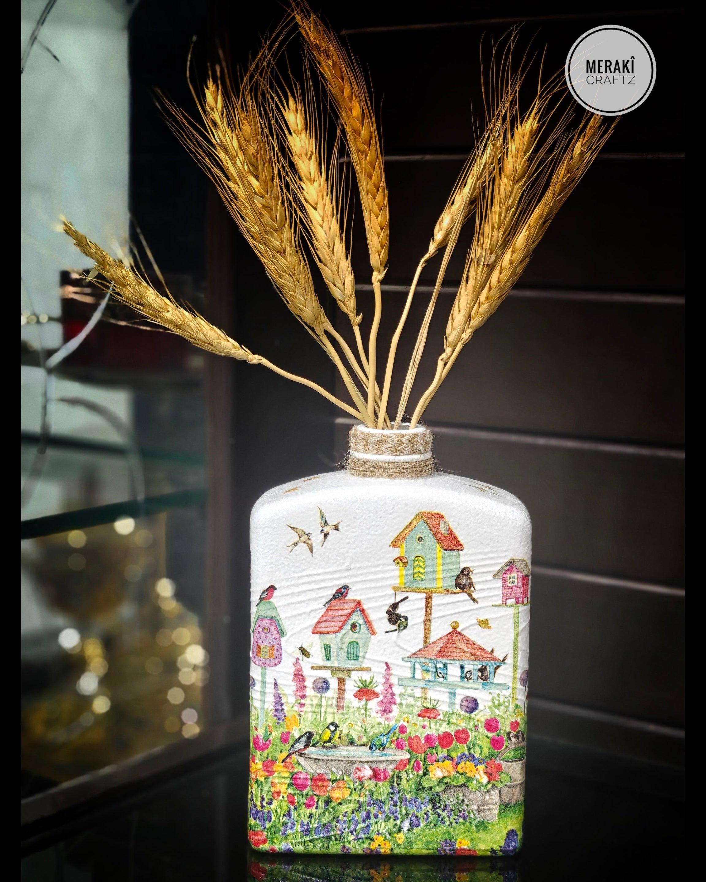 Upcycled Decorative Decoupaged Glass Bottle – Whimsical Bird Garden