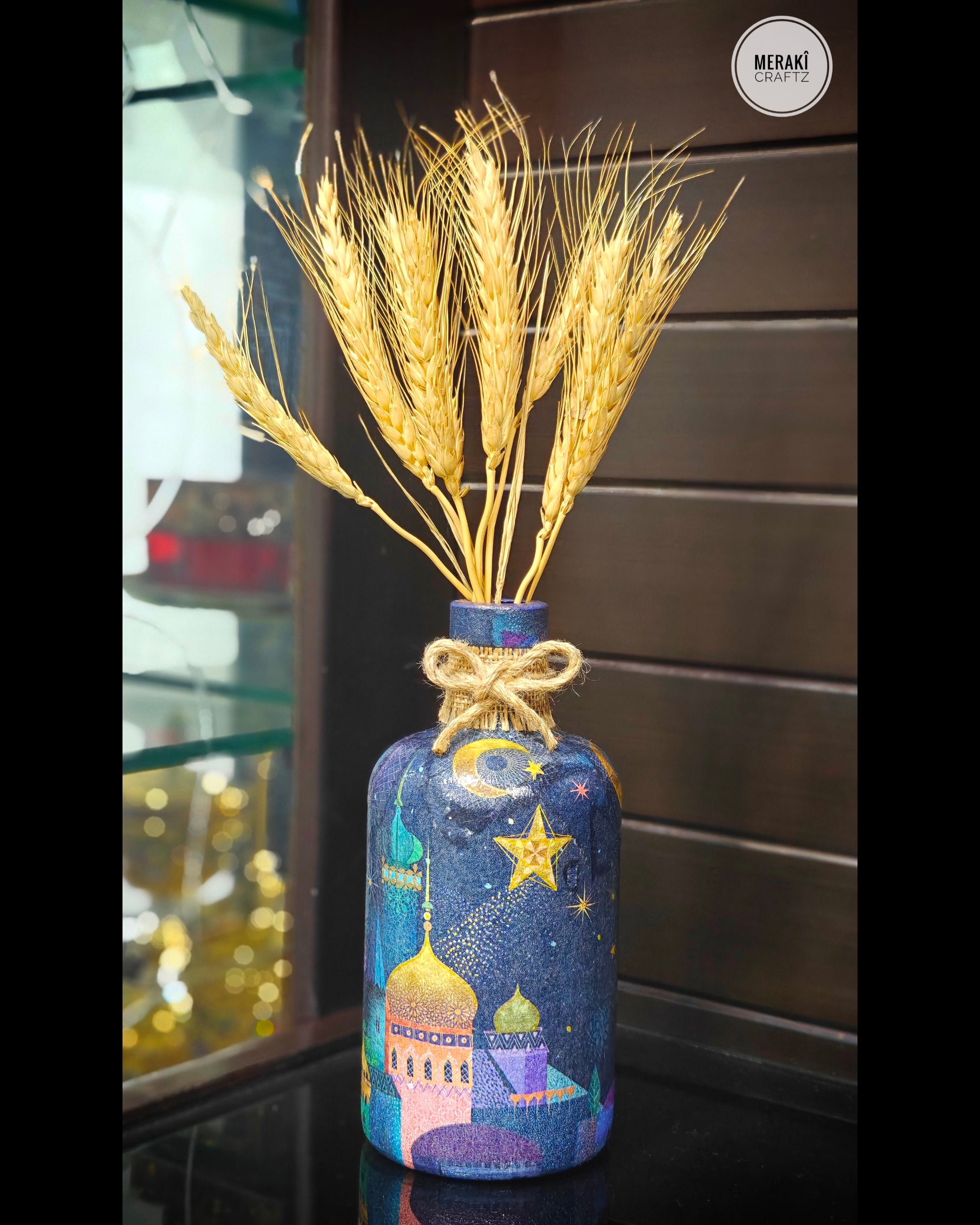 Handcrafted Upcycled Decoupaged Glass Bottle – Ramadan Nights