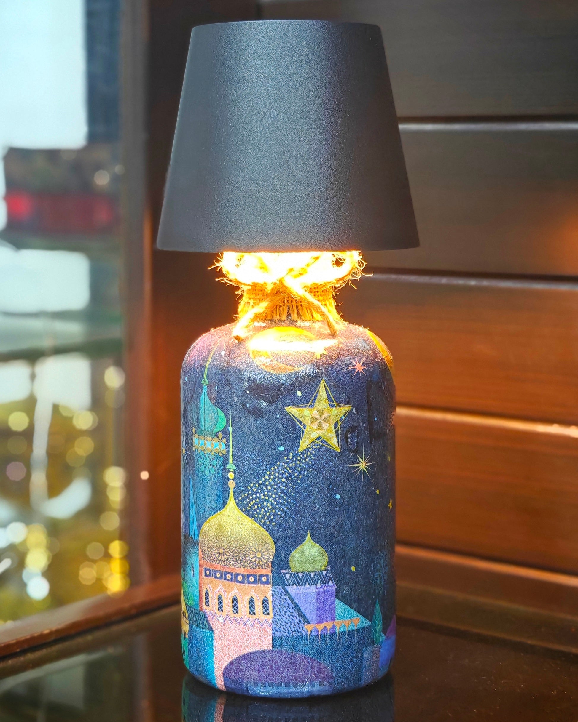 Handcrafted Upcycled Decoupaged Glass Bottle – Ramadan Nights