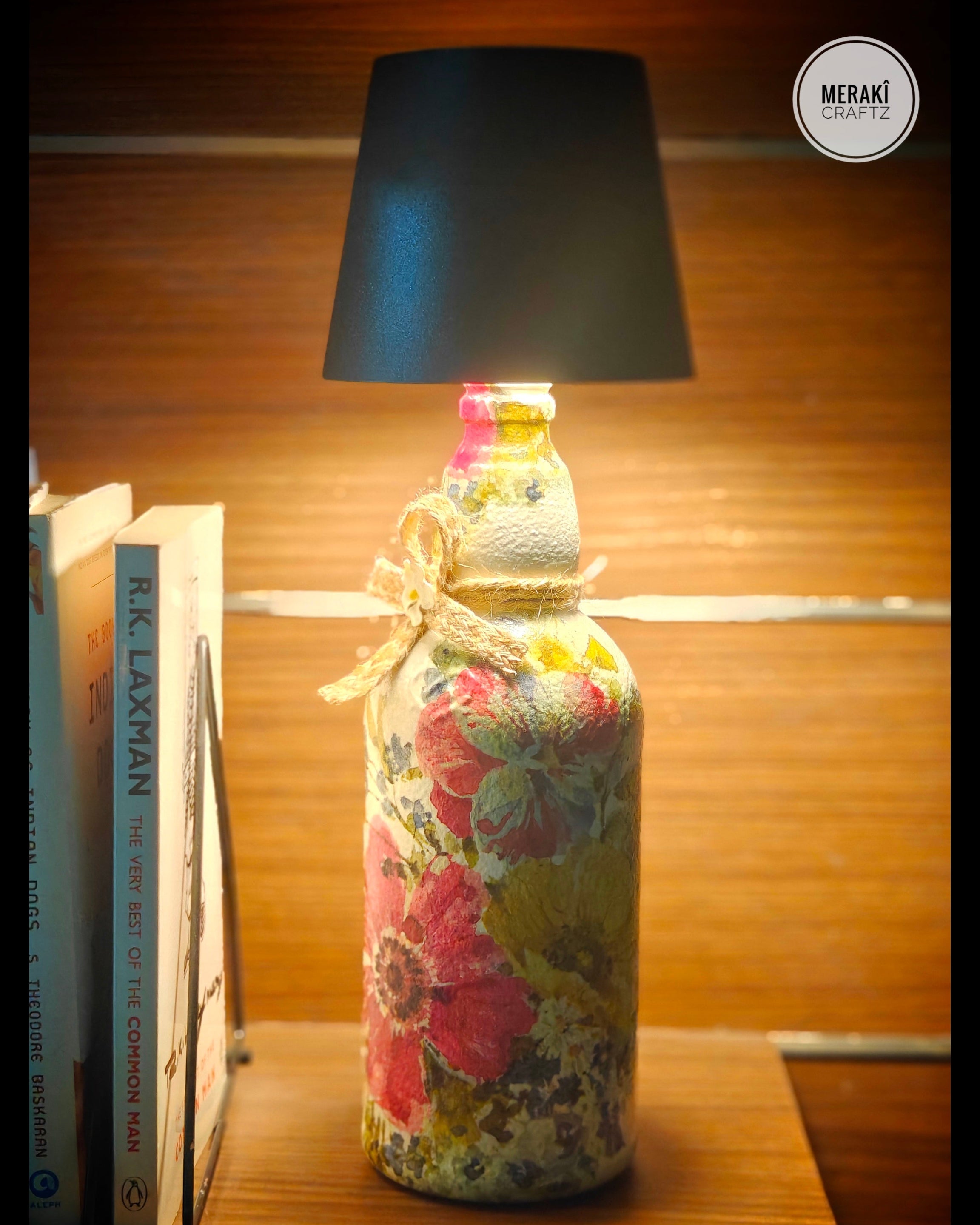 Upcycled Decorative Decoupaged Glass Bottle / Table Lamp – Floral Bloom