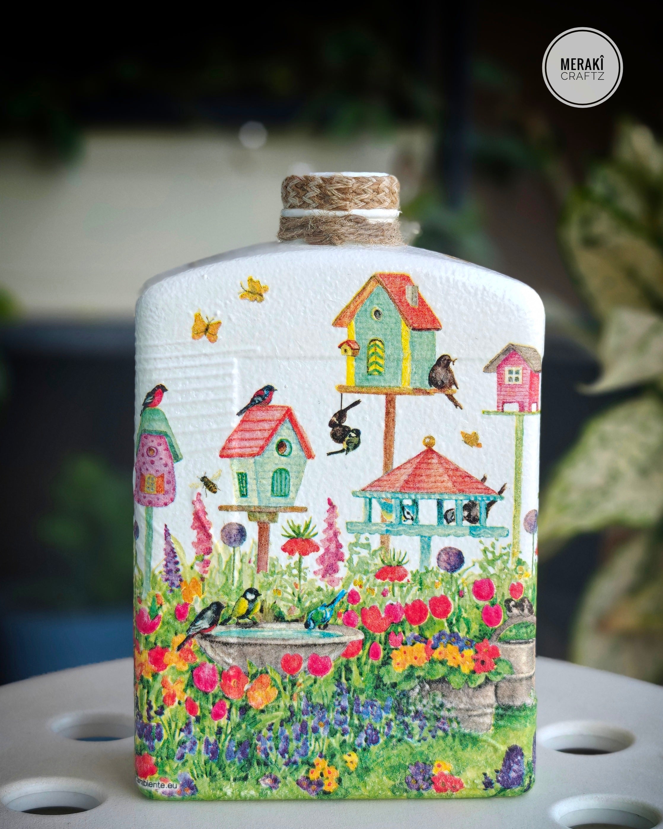 Upcycled Decorative Decoupaged Glass Bottle – Whimsical Bird Garden