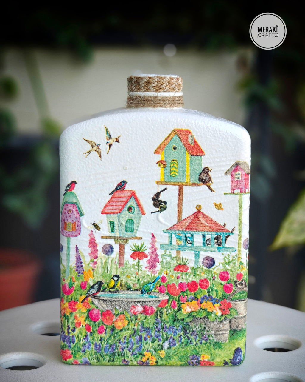 Upcycled Decorative Decoupaged Glass Bottle – Whimsical Bird Garden
