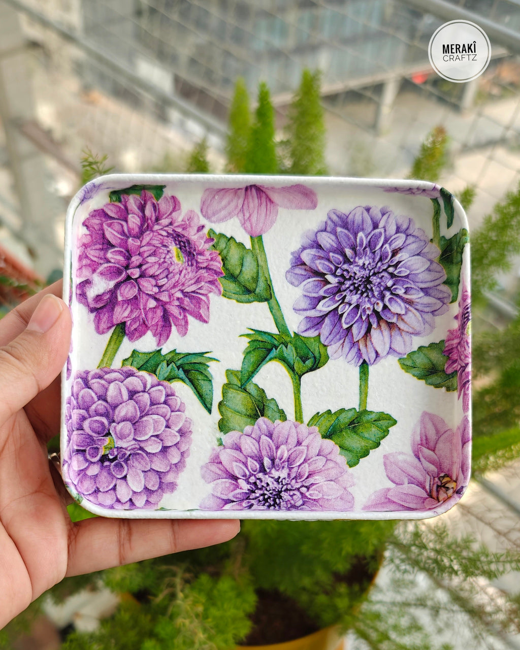 Handcrafted Upcycled Decoupaged Trinket Tray – Lavender Dahlia Bloom