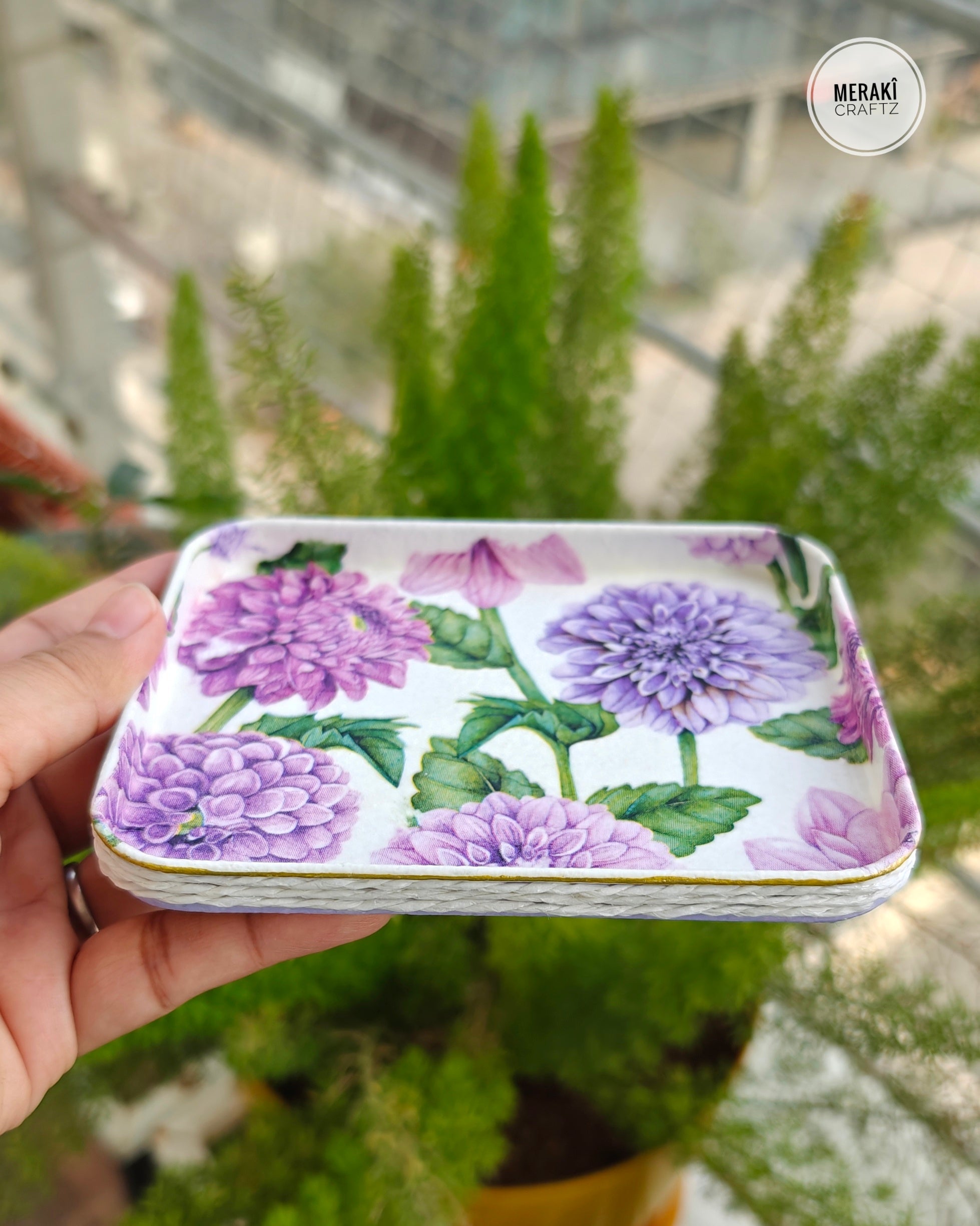 Handcrafted Upcycled Decoupaged Trinket Tray – Lavender Dahlia Bloom