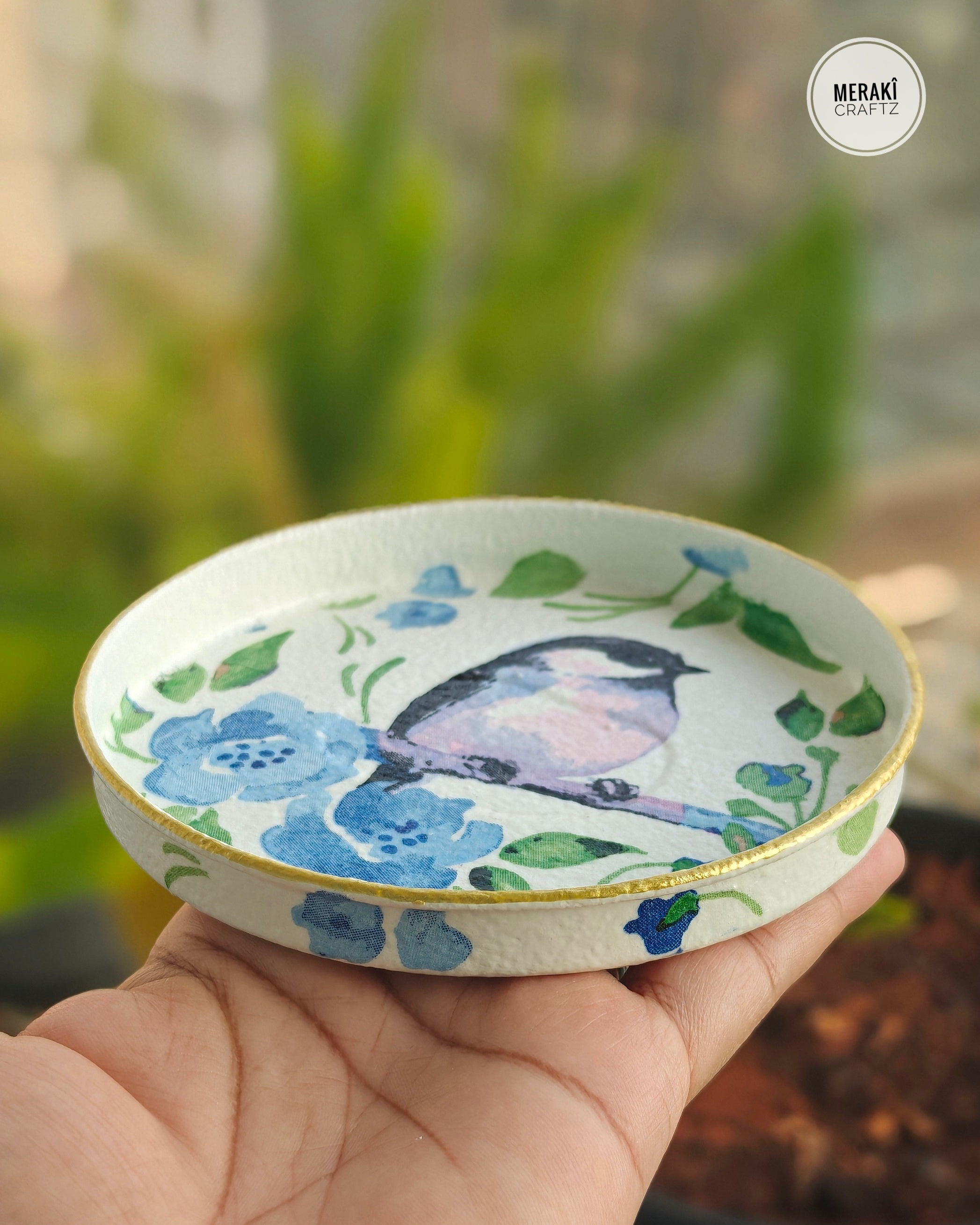 Handcrafted Upcycled Decoupaged Trinket Tray – Bluebird Bloom