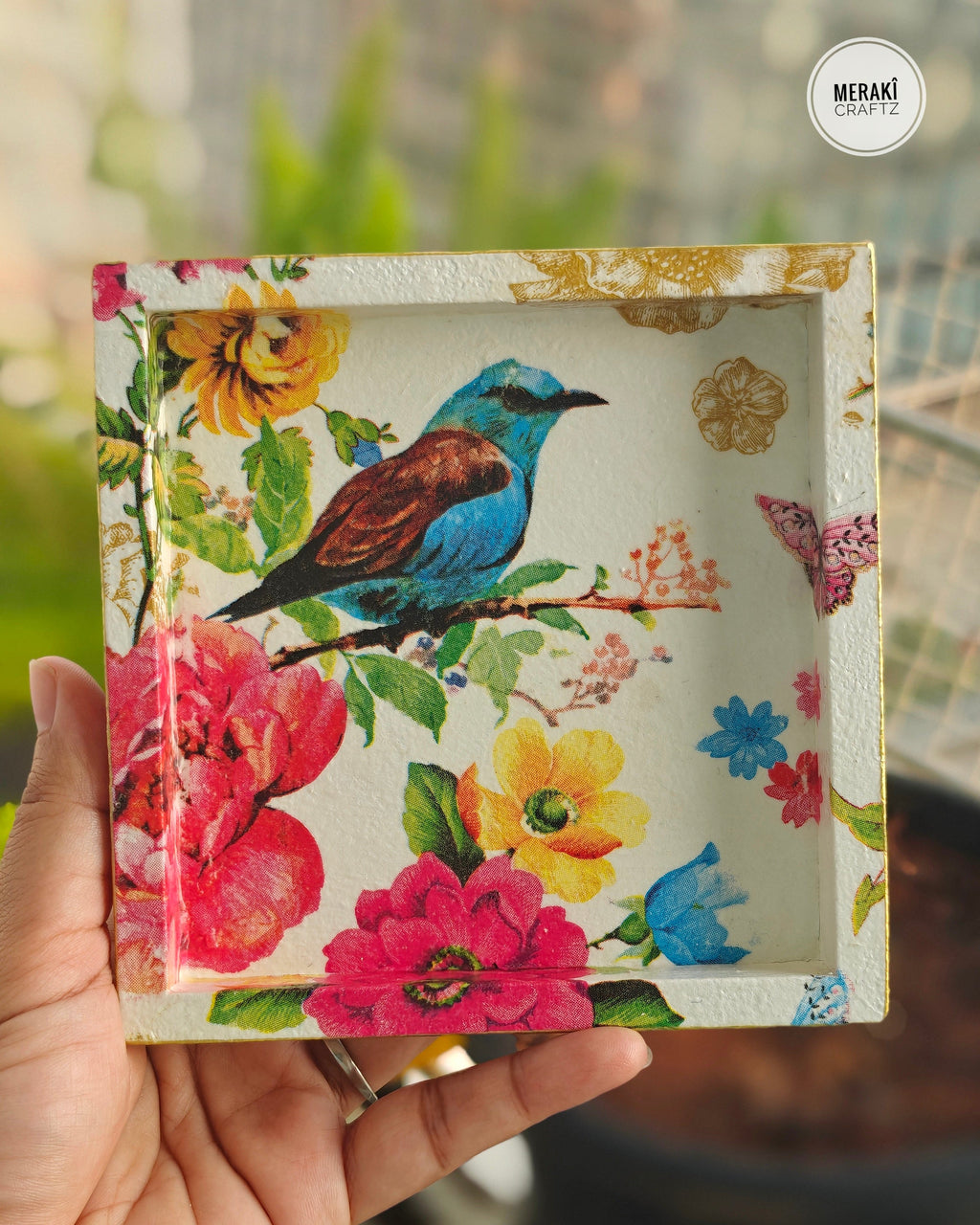Handcrafted Upcycled Decoupaged Wooden Organizer – Bluebird Blossom Garden 2