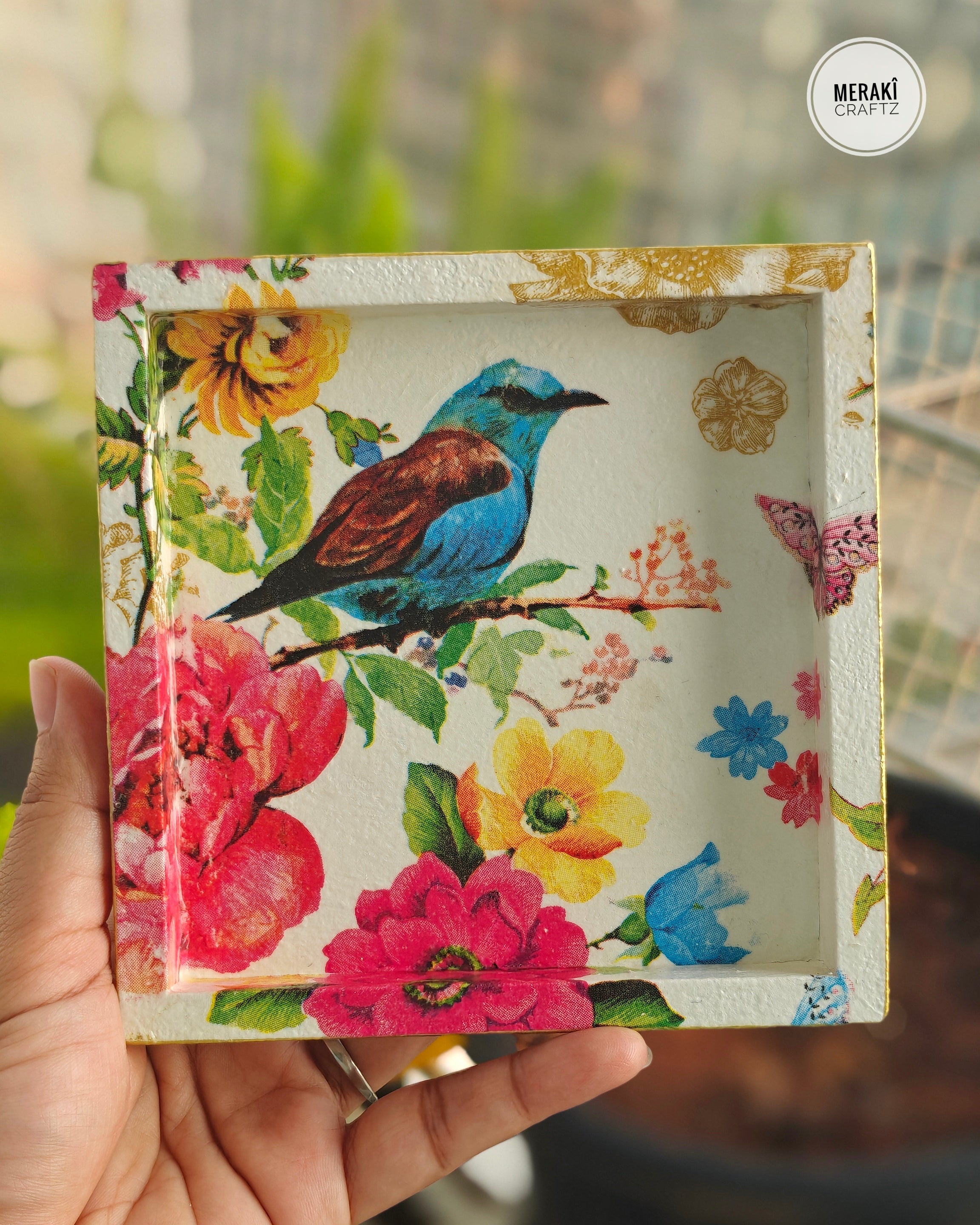 Handcrafted Upcycled Decoupaged Wooden Organizer – Bluebird Blossom Garden 2