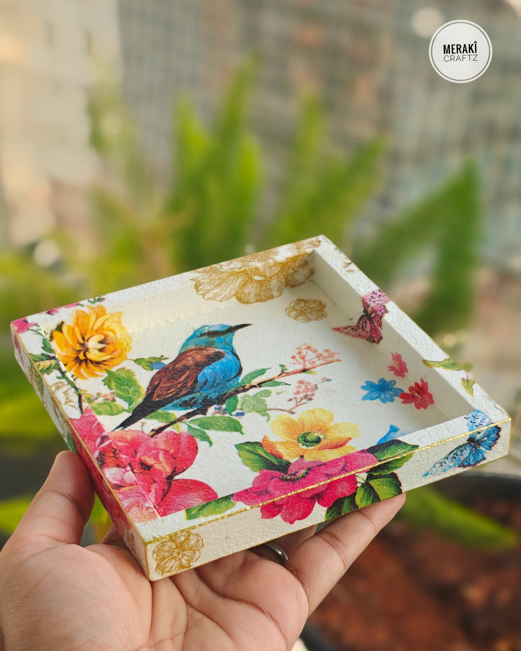 Handcrafted Upcycled Decoupaged Wooden Organizer – Bluebird Blossom Garden 2