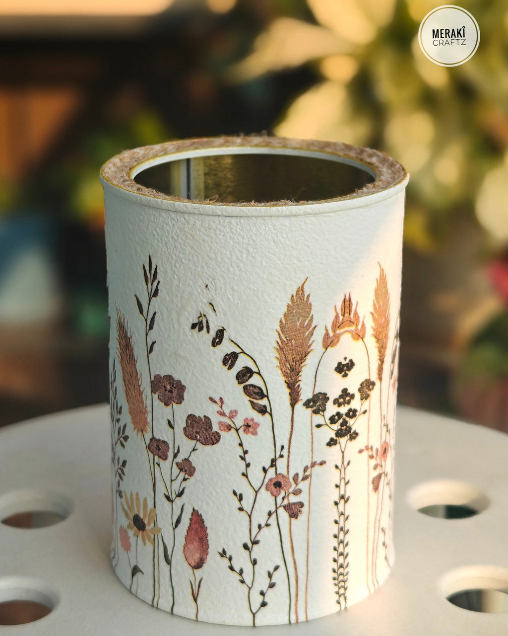 Handcrafted Upcycled Decoupaged Tin Container – Meadow Bloom