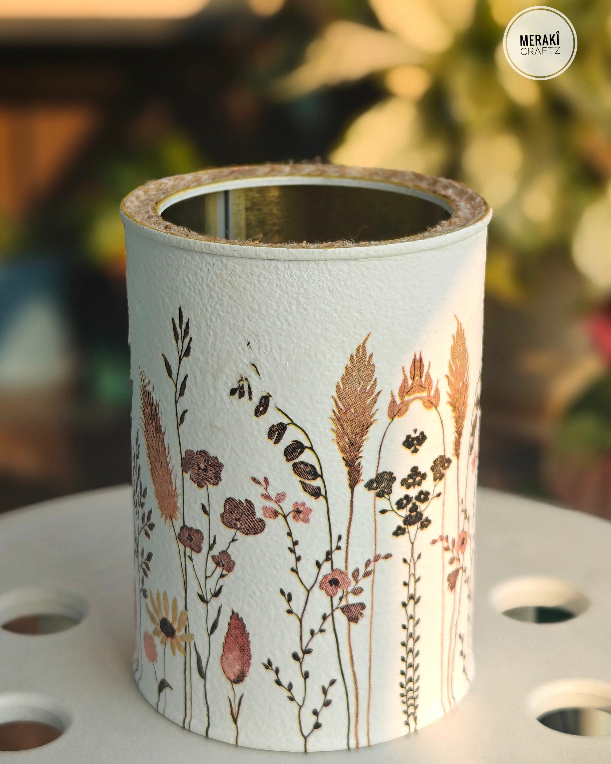 Handcrafted Upcycled Decoupaged Tin Container – Meadow Bloom