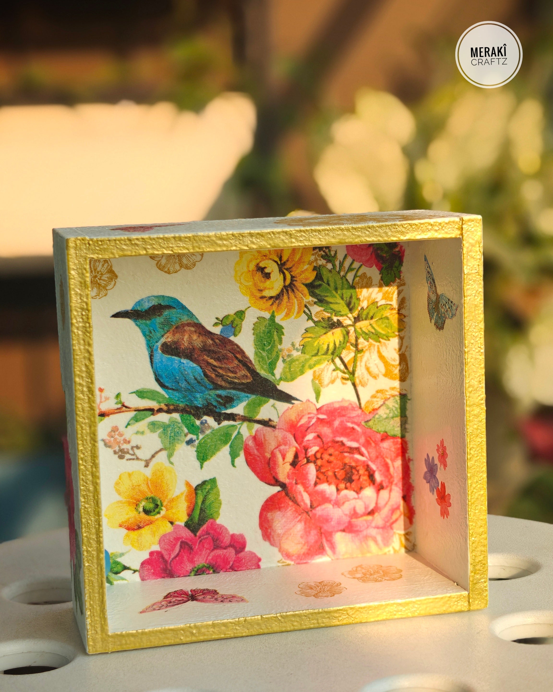 Handcrafted Upcycled Decoupaged Wooden Organizer – Bluebird Blossom Garden 1