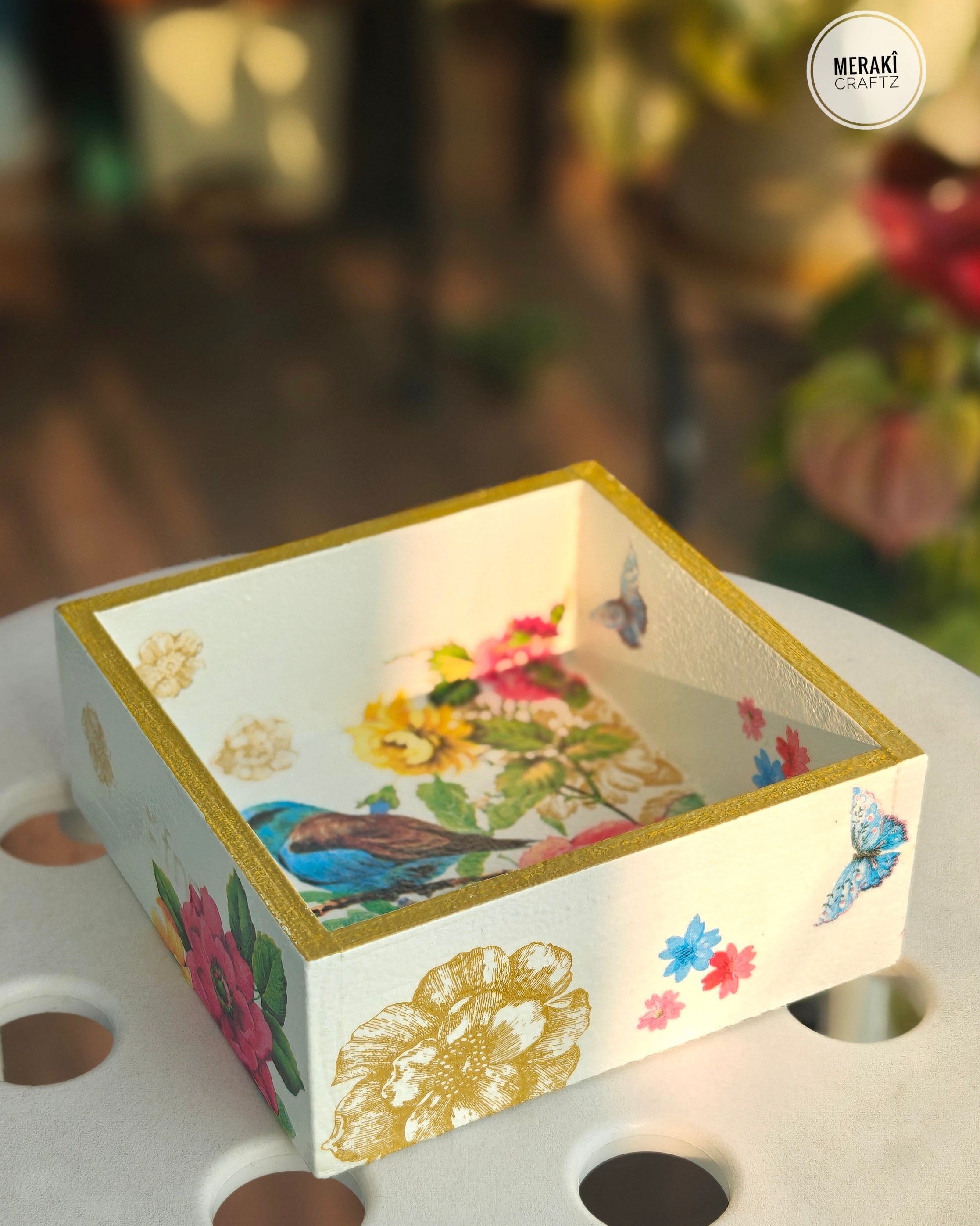 Handcrafted Upcycled Decoupaged Wooden Organizer – Bluebird Blossom Garden 1