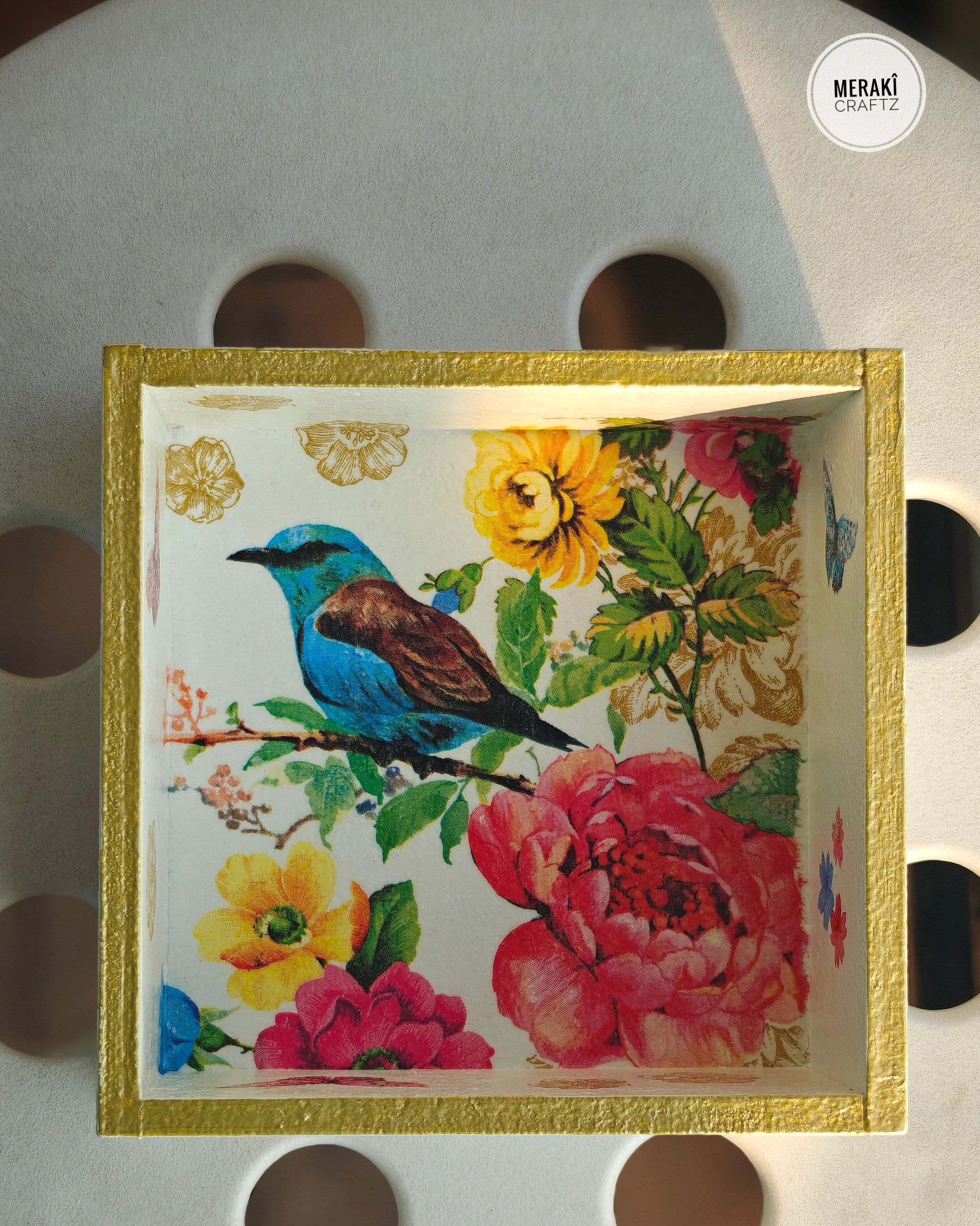 Handcrafted Upcycled Decoupaged Wooden Organizer – Bluebird Blossom Garden 1