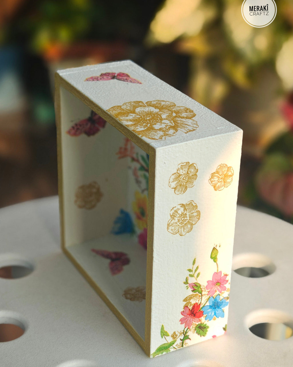 Handcrafted Upcycled Decoupaged Wooden Organizer – Bluebird Blossom Garden 1