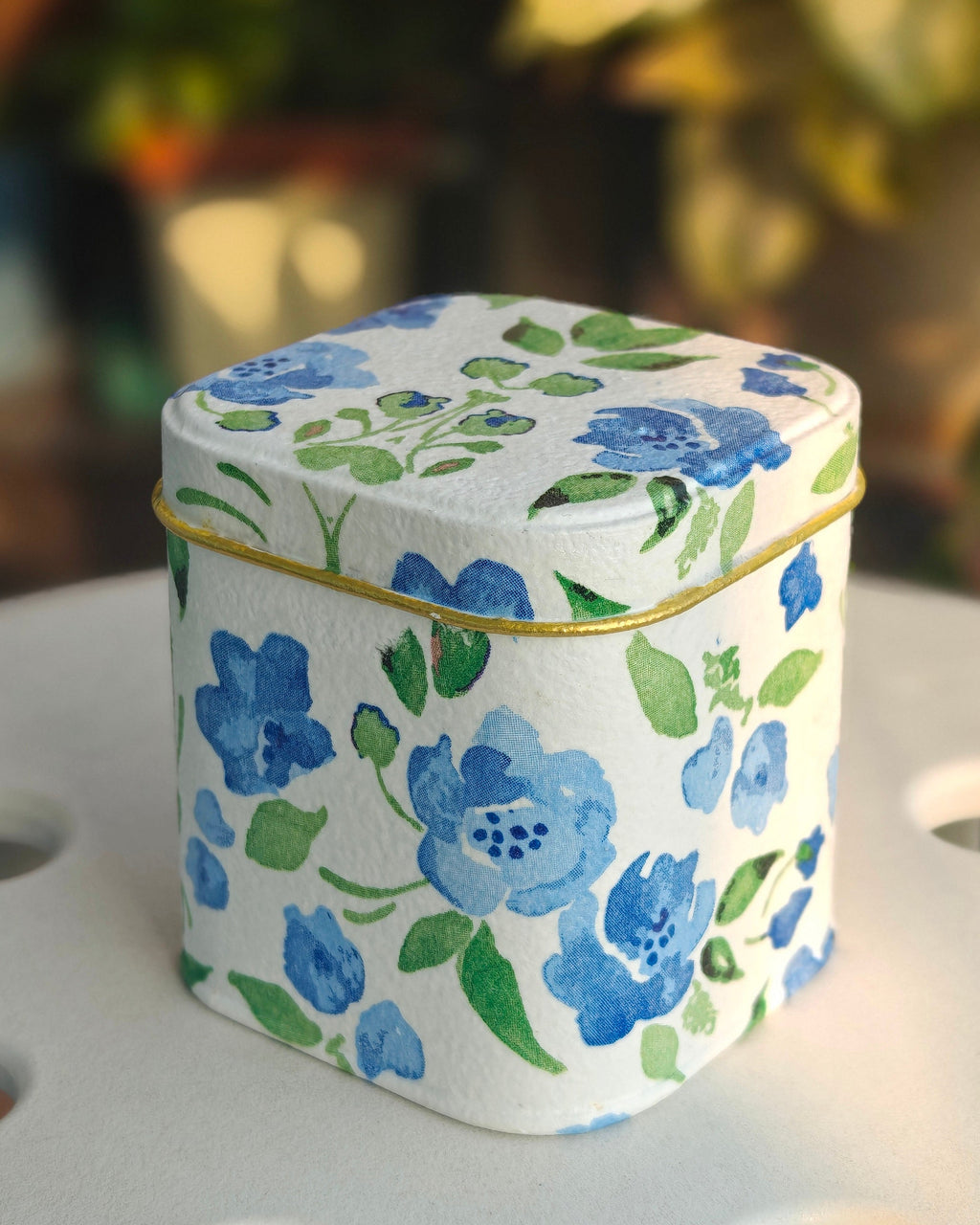 Handcrafted Upcycled Decoupaged Tin Container – Blue Blossom Keepsake Box
