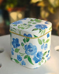 Handcrafted Upcycled Decoupaged Tin Container – Blue Blossom Keepsake Box
