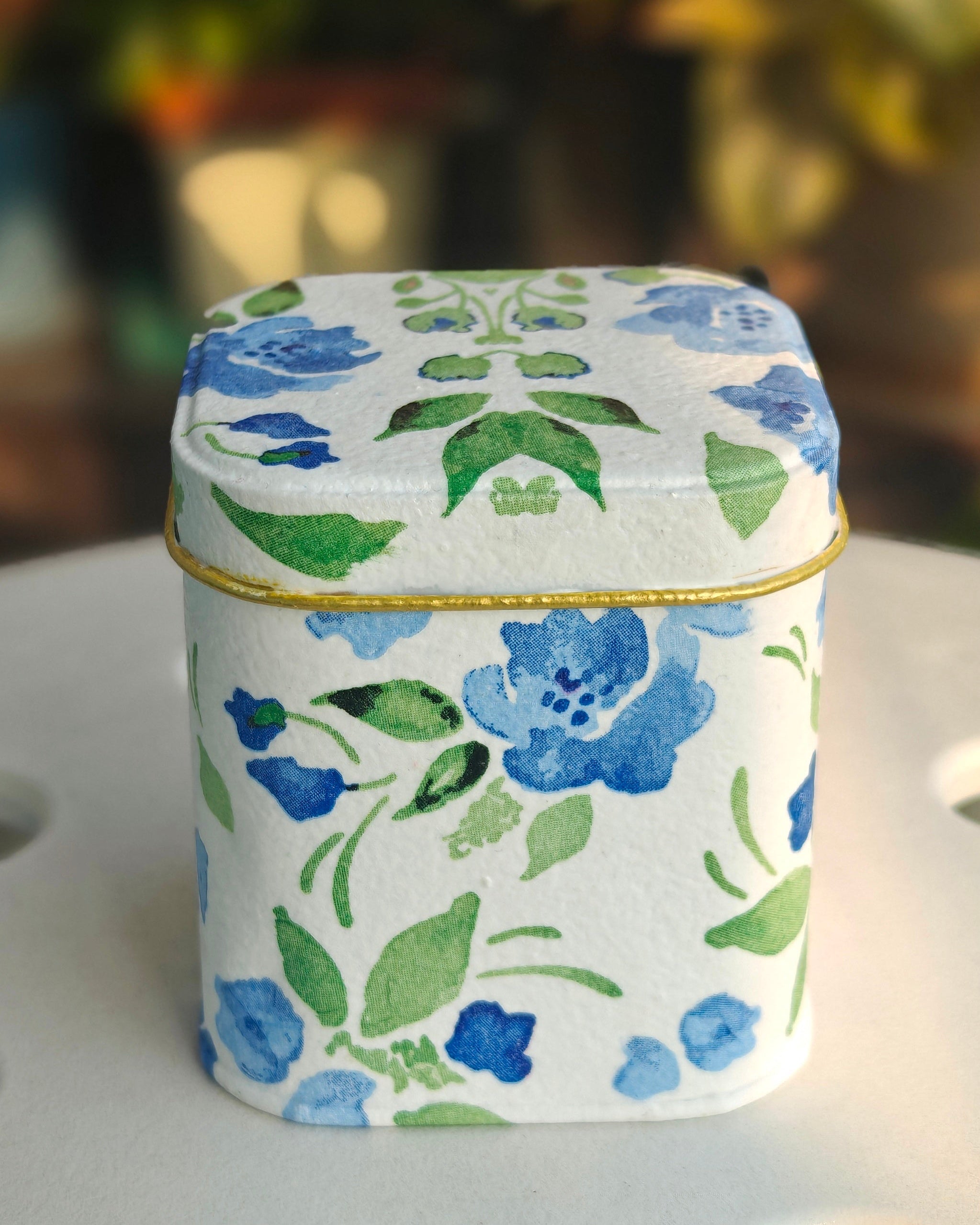 Handcrafted Upcycled Decoupaged Tin Container – Blue Blossom Keepsake Box