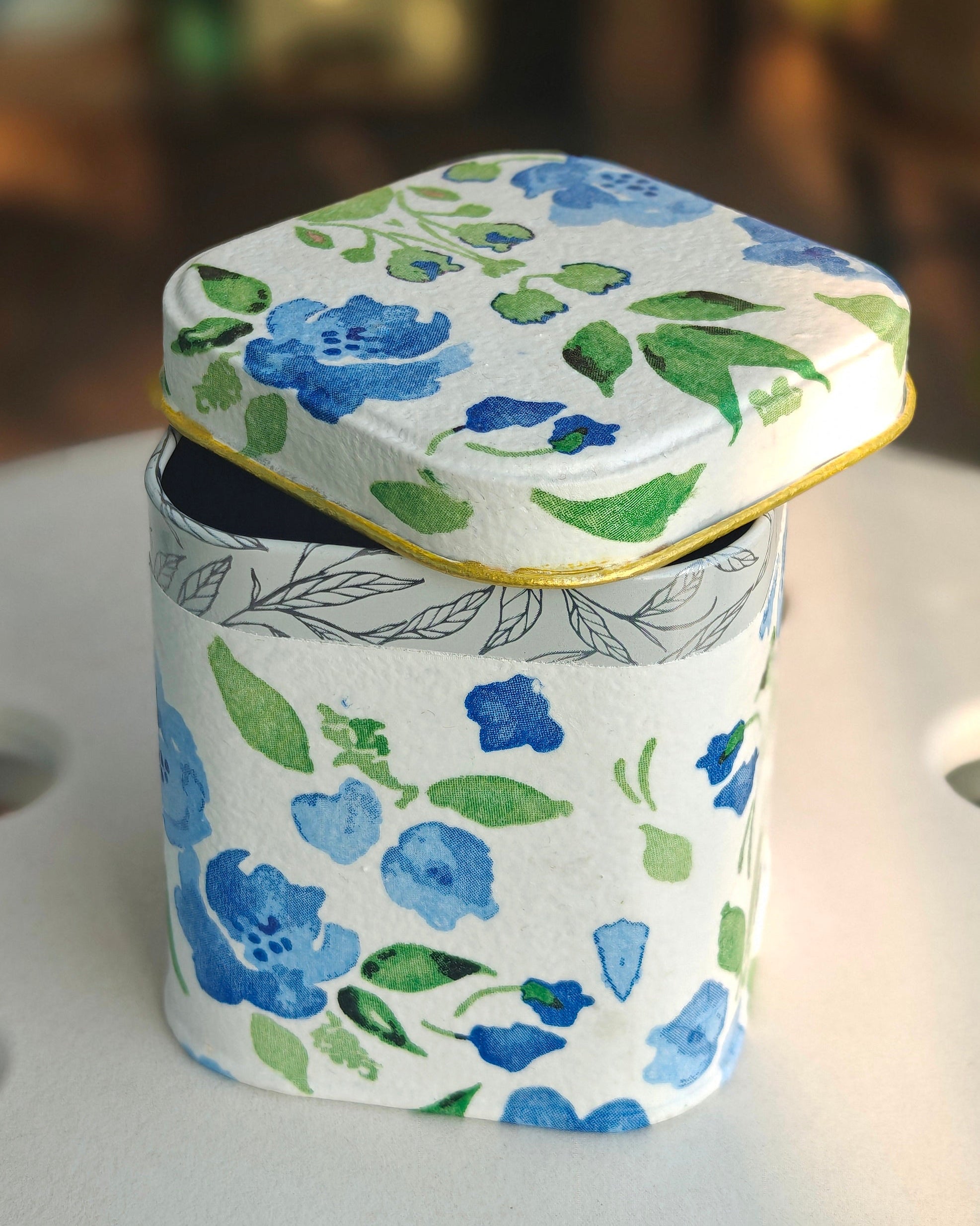 Handcrafted Upcycled Decoupaged Tin Container – Blue Blossom Keepsake Box