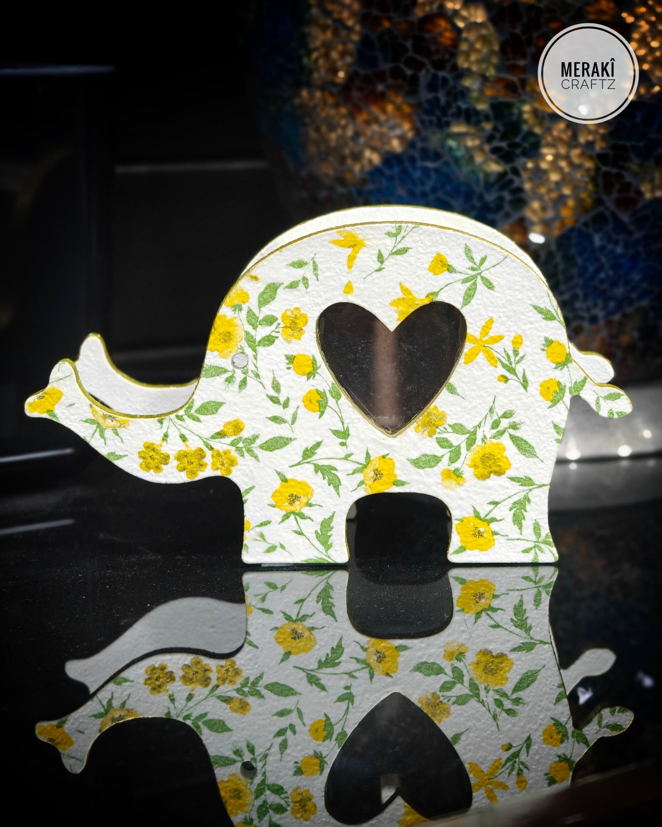 Handcrafted Decoupaged Coin Box – Floral Elephant Keepsake