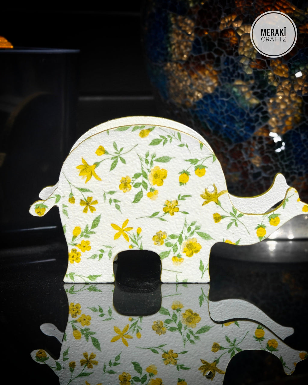 Handcrafted Decoupaged Coin Box – Floral Elephant Keepsake