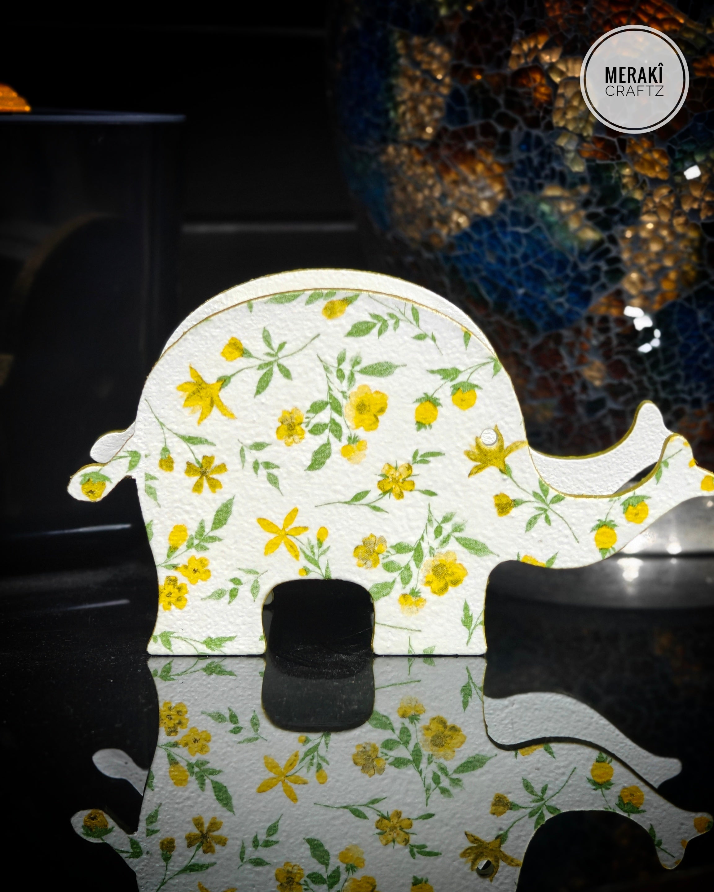 Handcrafted Decoupaged Coin Box – Floral Elephant Keepsake