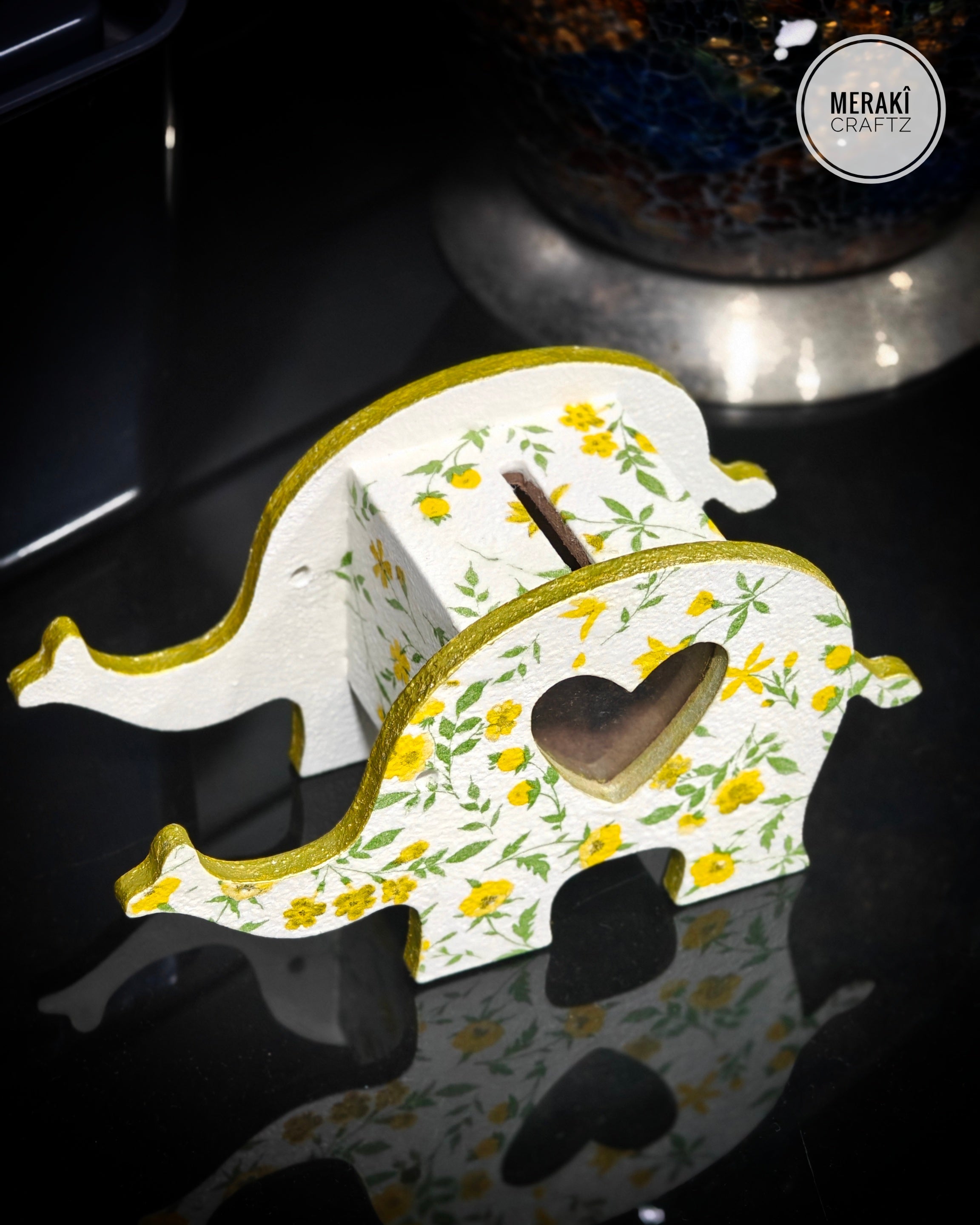 Handcrafted Decoupaged Coin Box – Floral Elephant Keepsake