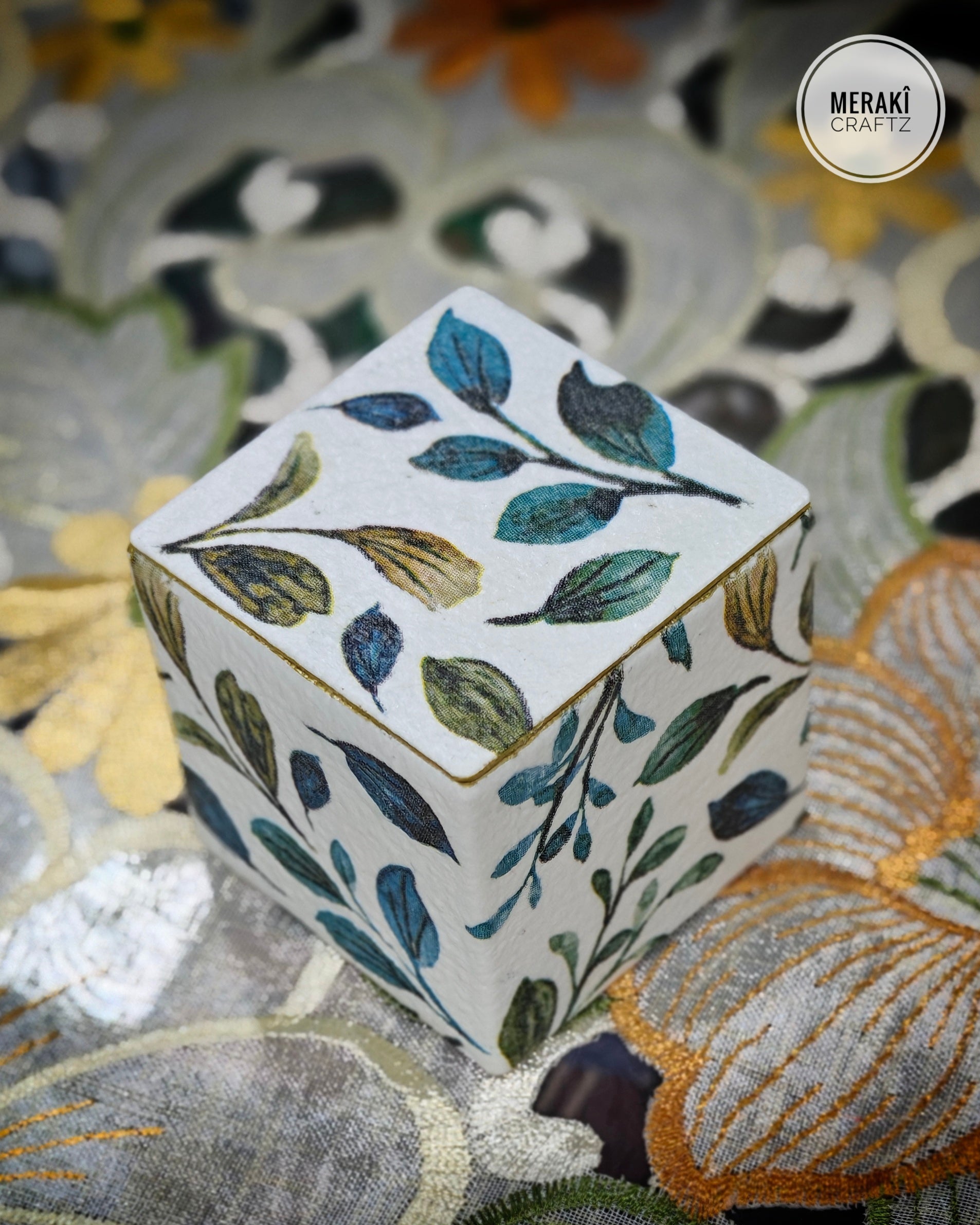 Handcrafted Upcycled Decorative Storage Box – Botanical Leaf Haven
