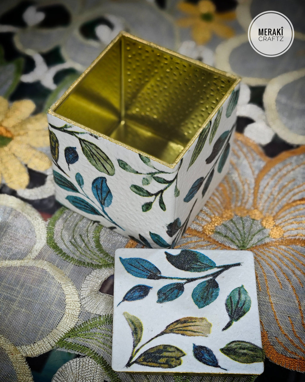 Handcrafted Upcycled Decorative Storage Box – Botanical Leaf Haven