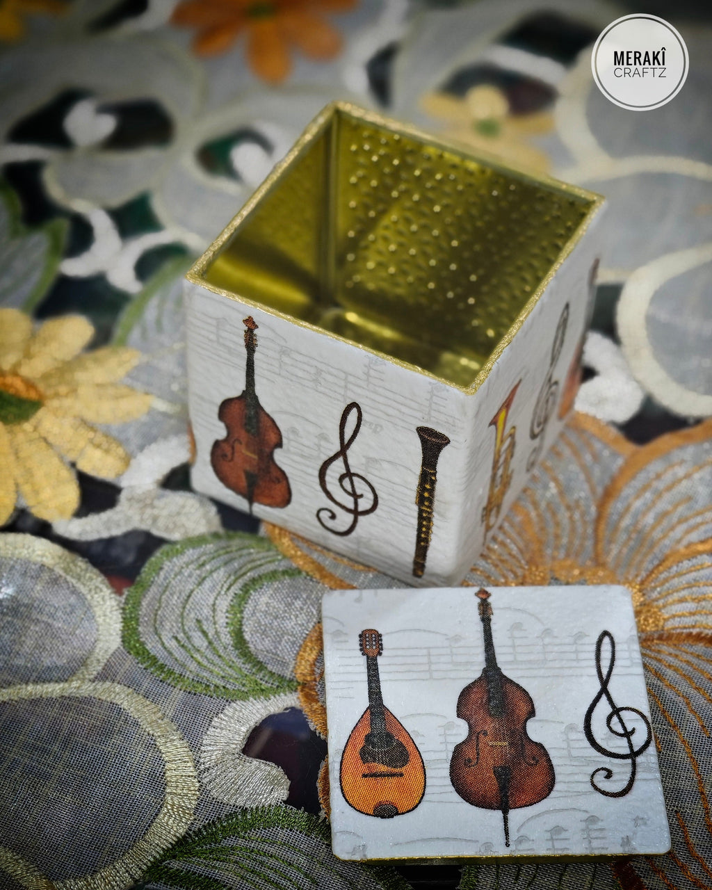 Handcrafted Upcycled Decoupaged Tin Storage Container – Melody Keepsake Box
