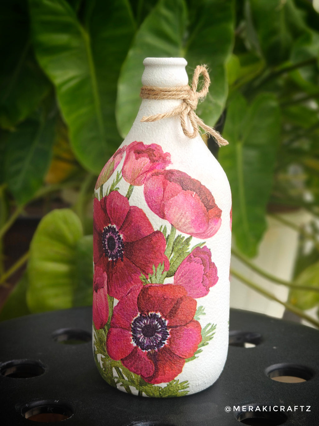 Handcrafted Upcycled Decoupaged Glass Bottle / Table Lamp – Crimson Anemone Bloom