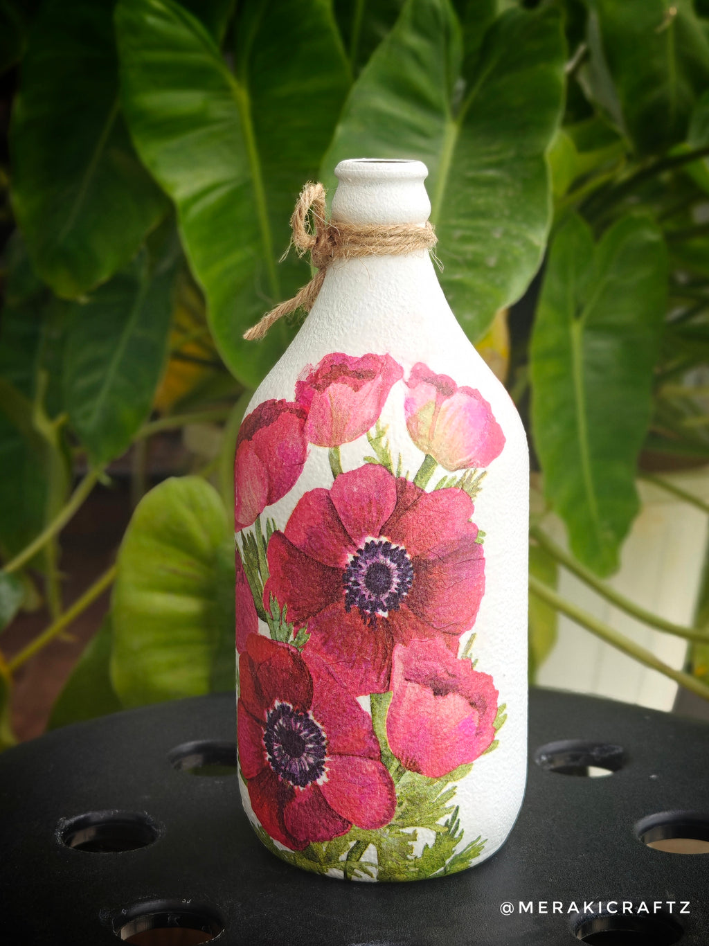 Handcrafted Upcycled Decoupaged Glass Bottle / Table Lamp – Crimson Anemone Bloom