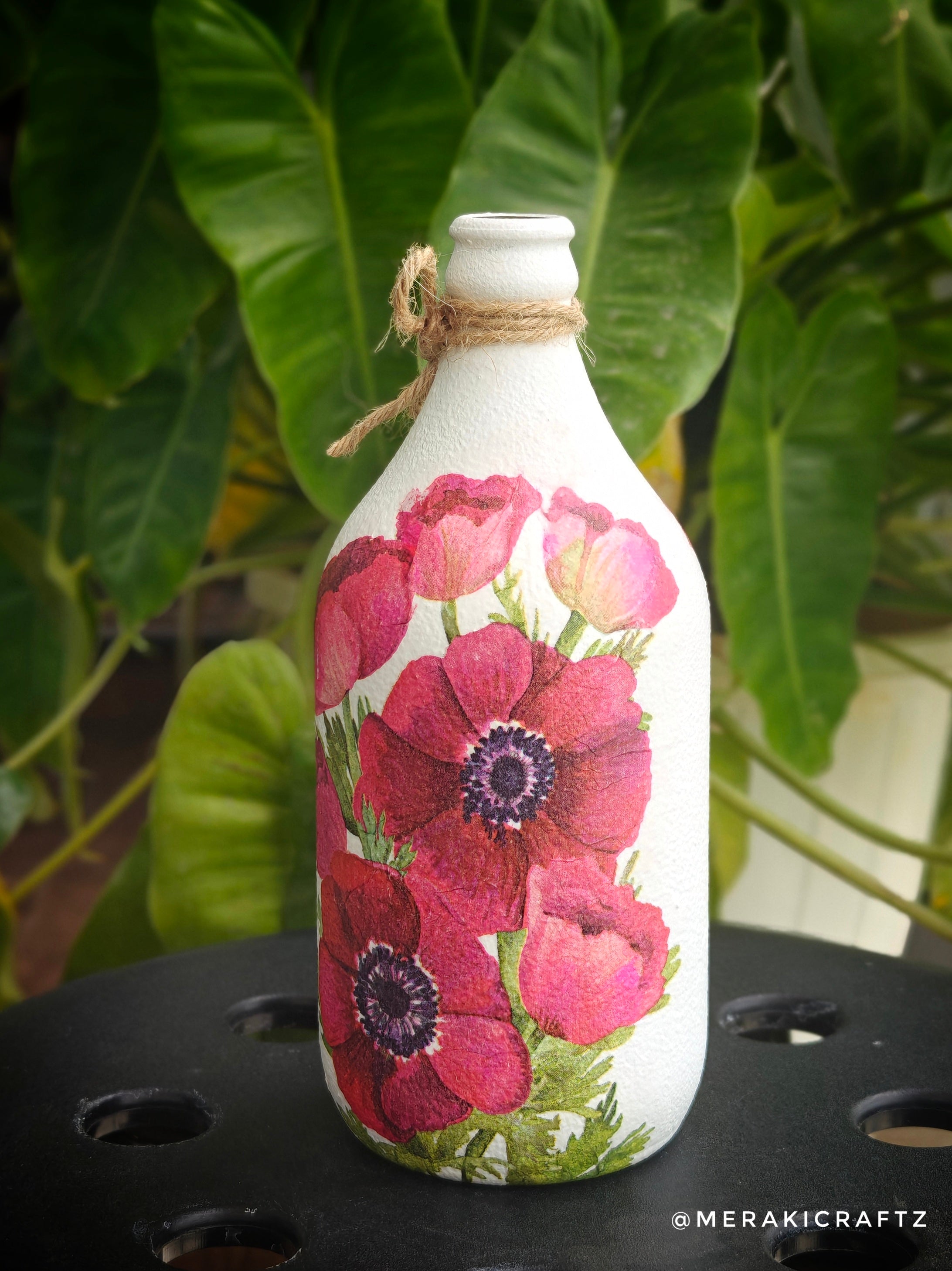 Handcrafted Upcycled Decoupaged Glass Bottle / Table Lamp – Crimson Anemone Bloom