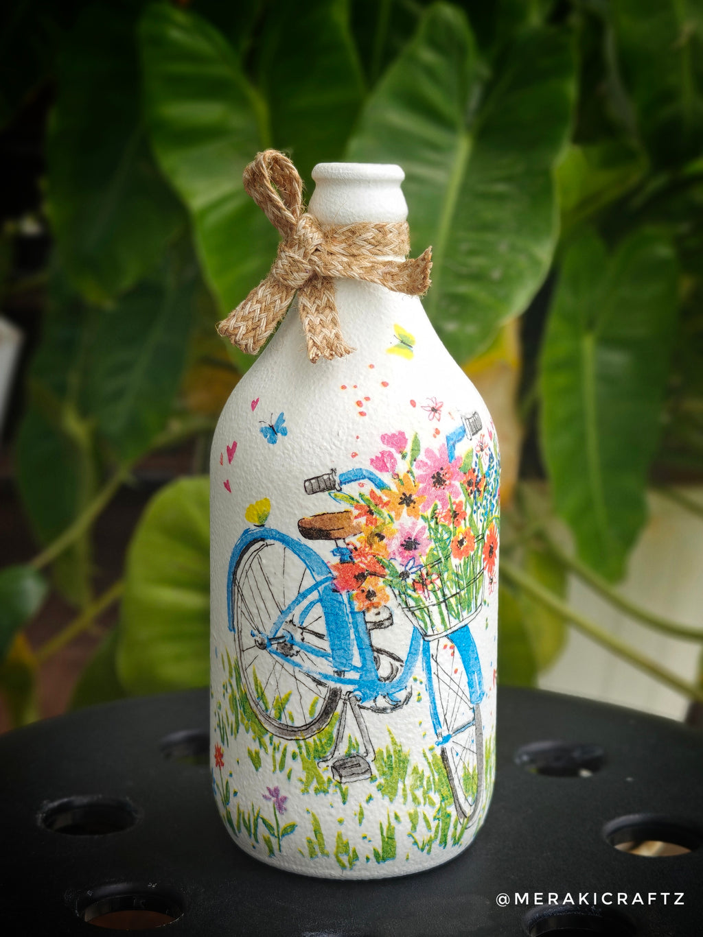 Handcrafted Upcycled Decoupaged Glass Bottle / Table Lamp – Blossom Bicycle Ride