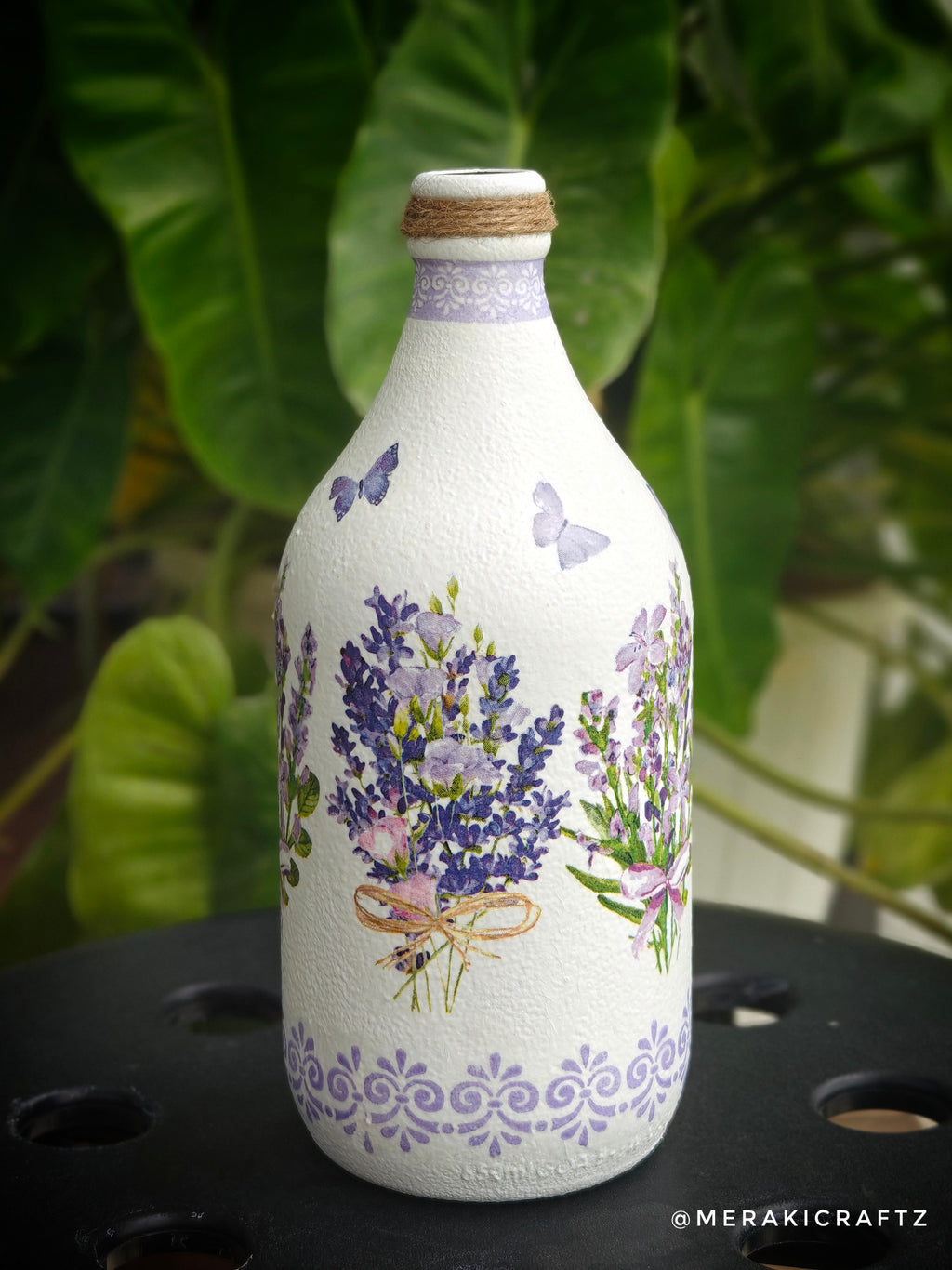 Handcrafted Upcycled Decoupaged Glass Bottle / Table Lamp – Lavender Meadow Bliss