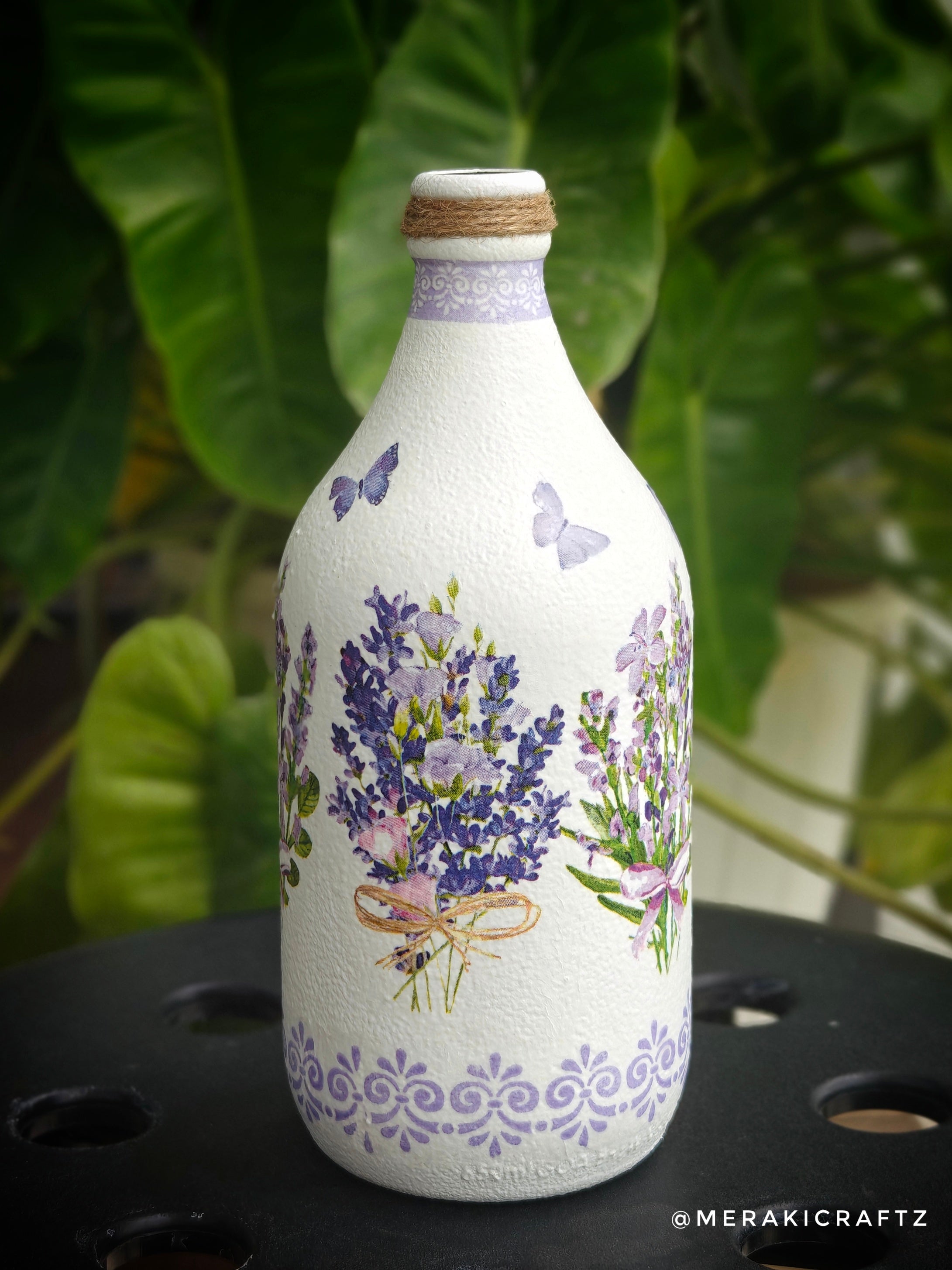 Handcrafted Upcycled Decoupaged Glass Bottle / Table Lamp – Lavender Meadow Bliss
