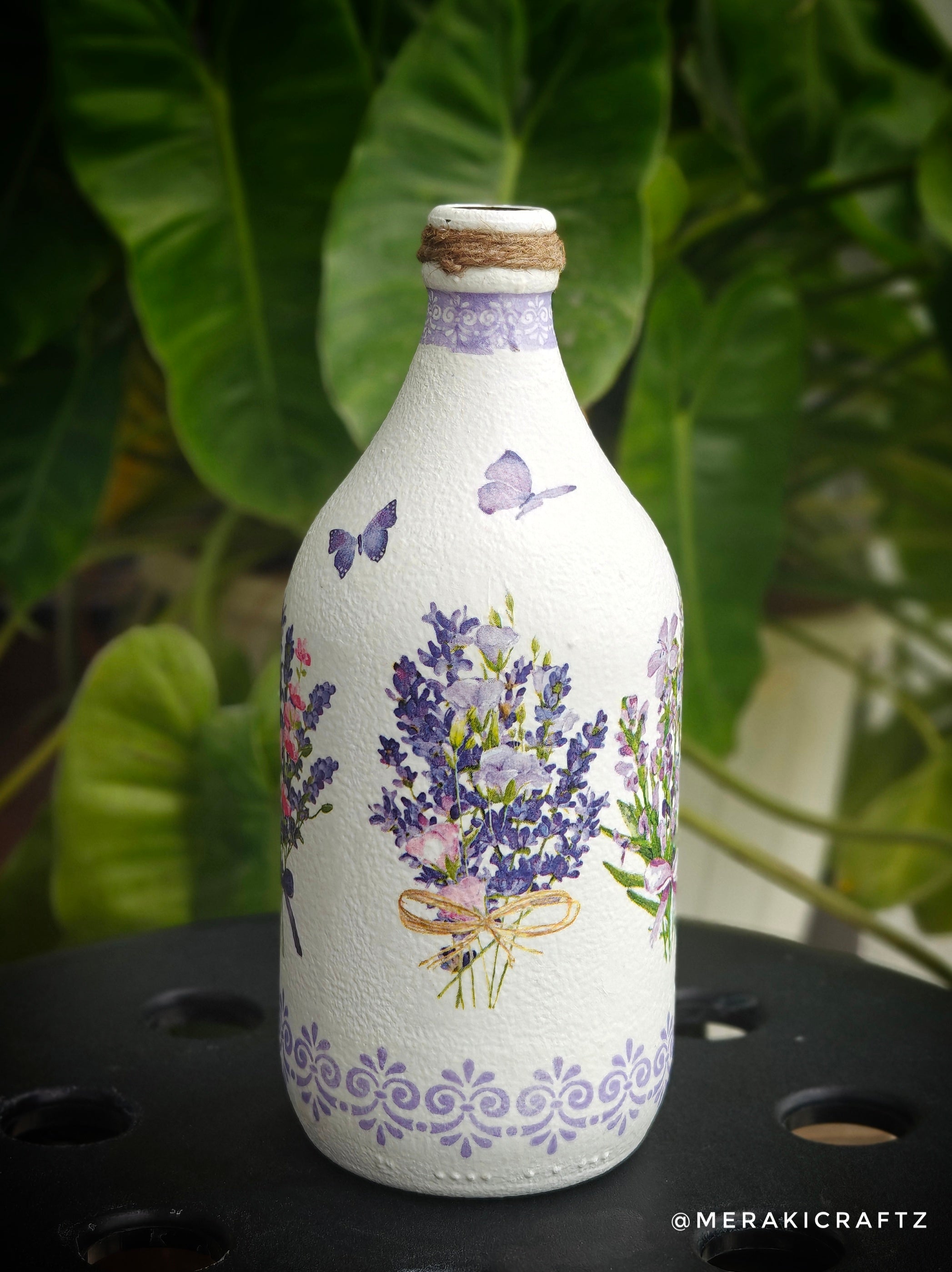 Handcrafted Upcycled Decoupaged Glass Bottle / Table Lamp – Lavender Meadow Bliss