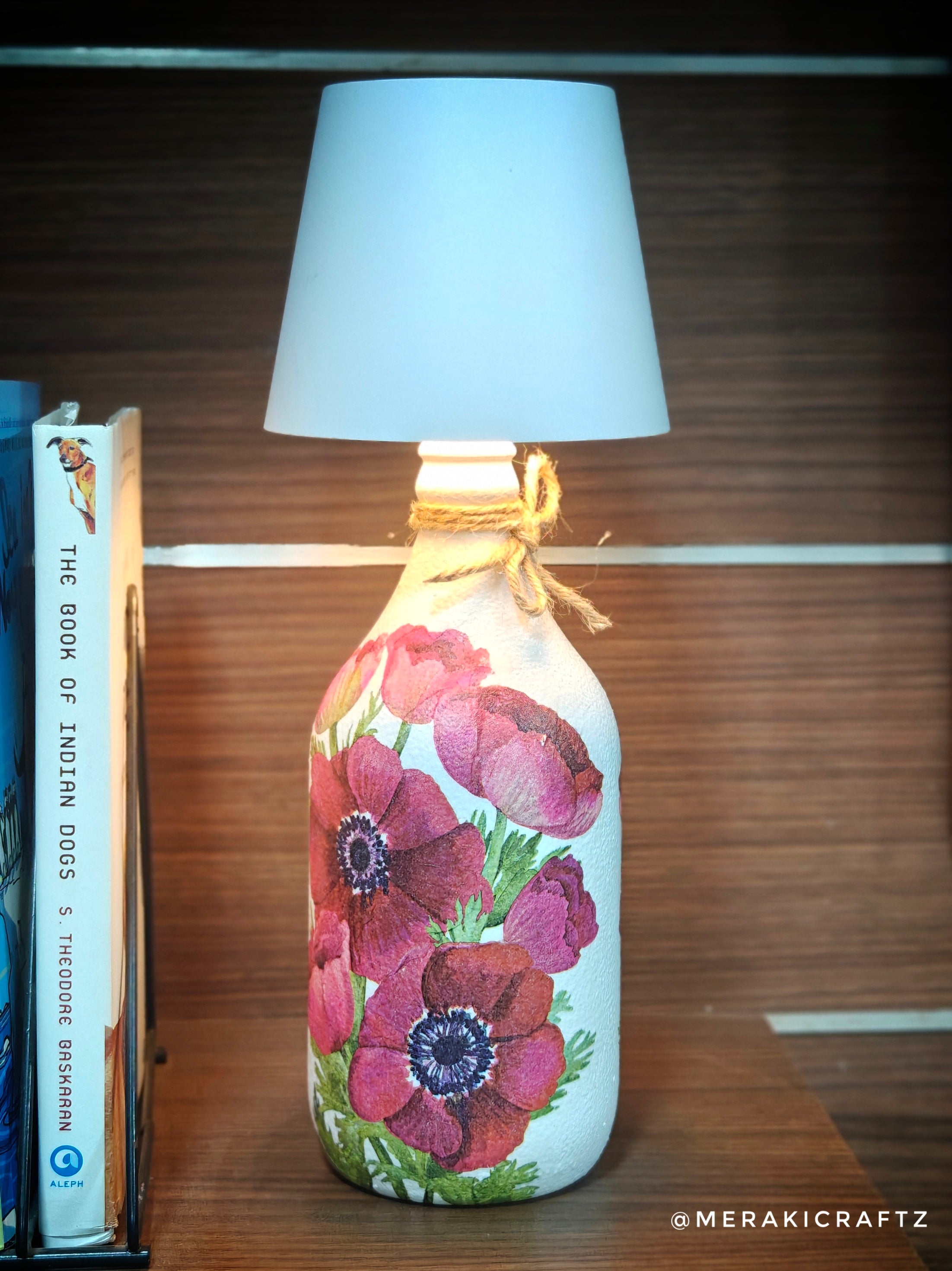 Handcrafted Upcycled Decoupaged Glass Bottle / Table Lamp – Crimson Anemone Bloom